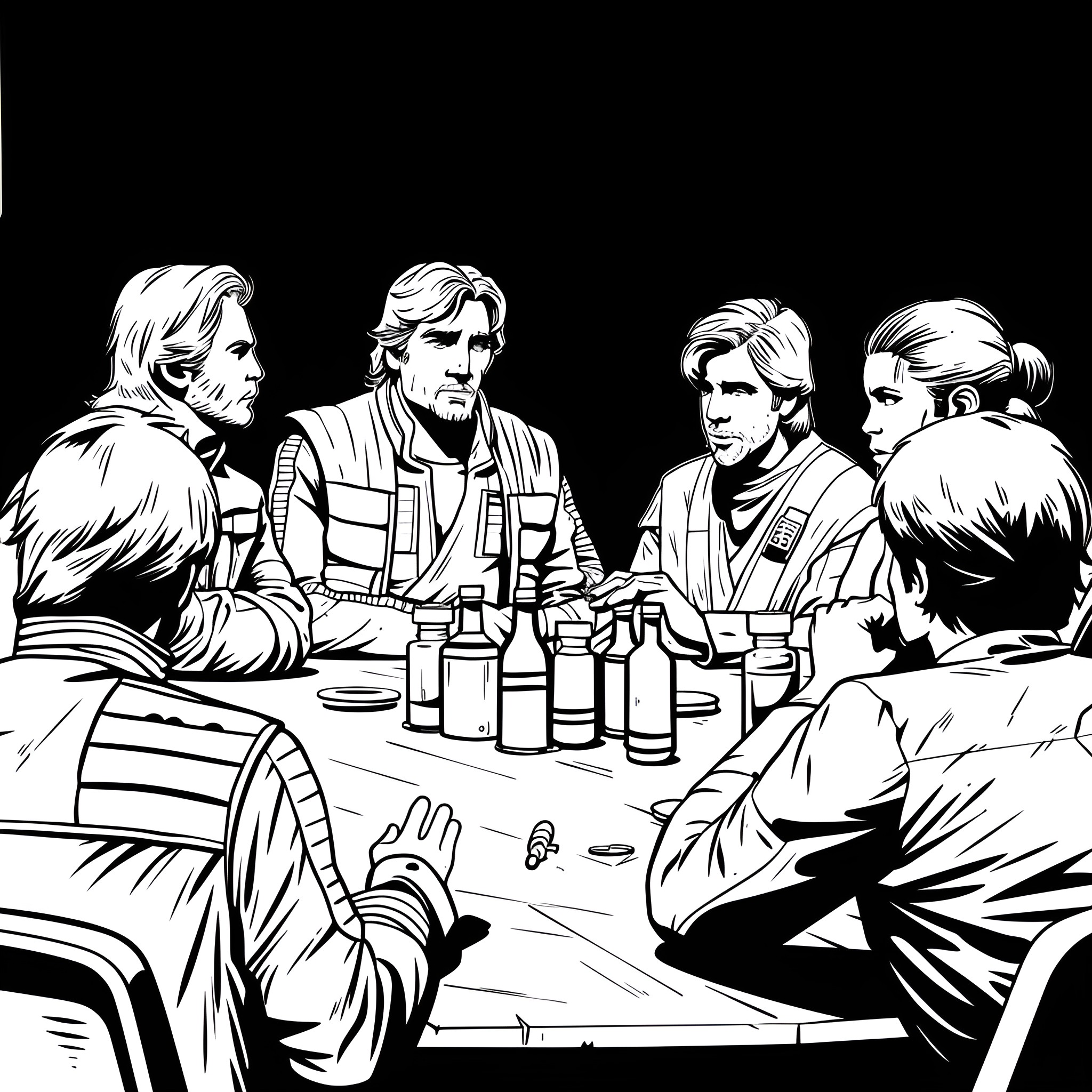 Star Wars characters meeting around a table Drawing Idea (free black-and-white line drawing printable PDF for all, from beginners to advanced learners, including children, teens, adults, and seniors)