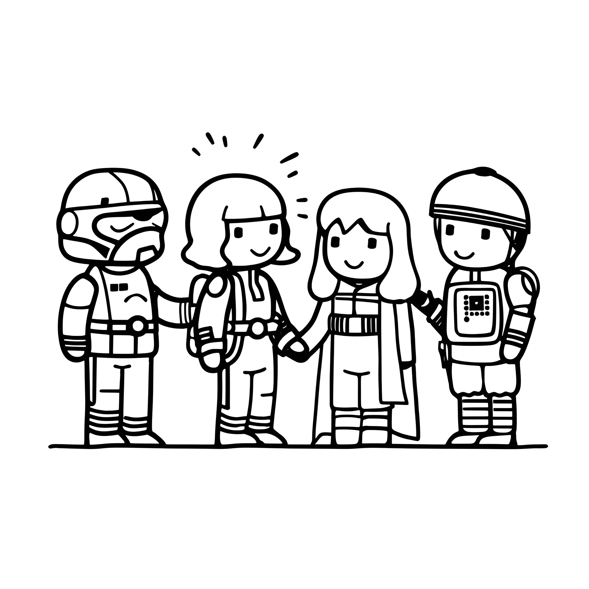 Star Wars costumed characters posing together Drawing Idea (free black-and-white line drawing printable PDF for all, from beginners to advanced learners, including children, teens, adults, and seniors)