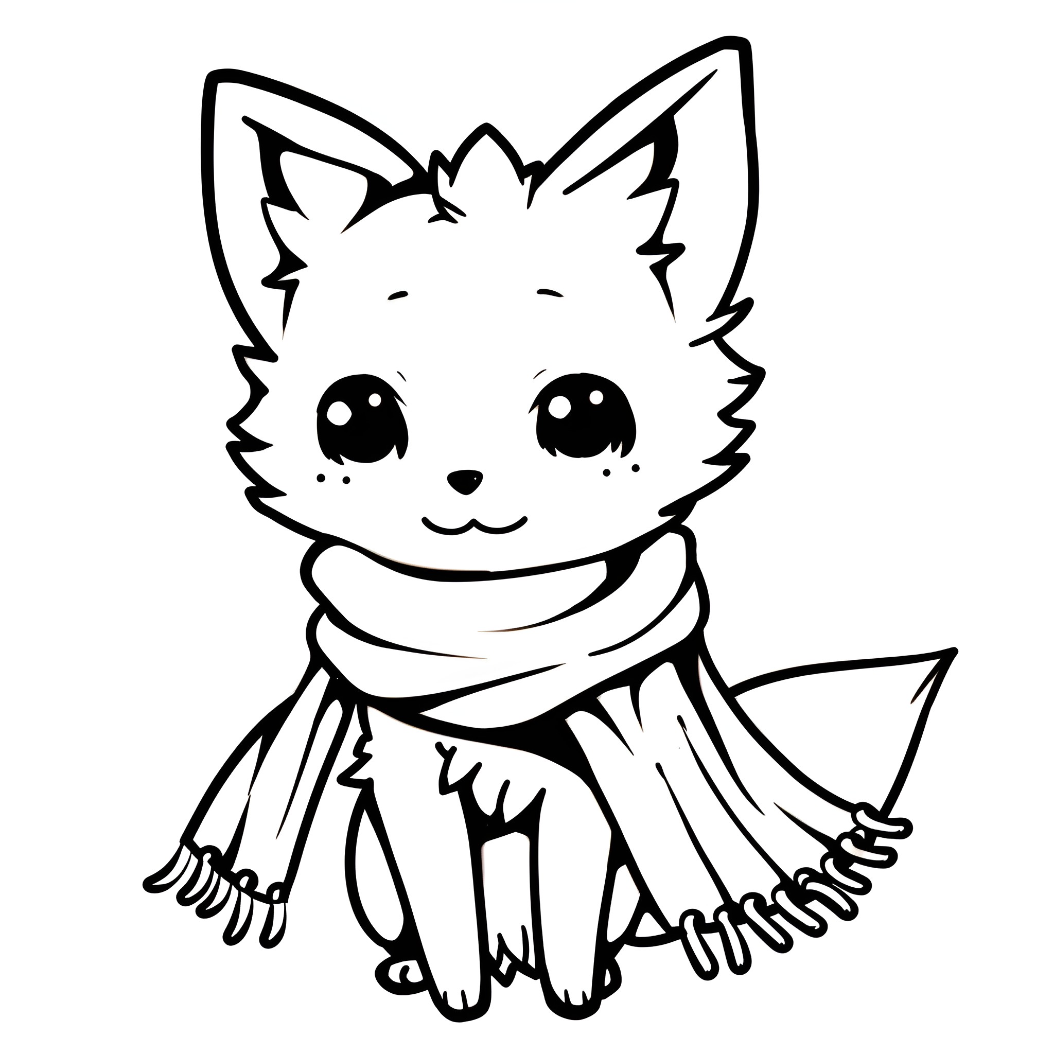 Kawaii fluffy cat in scarf Drawing Idea (free black-and-white line drawing printable PDF for all, from beginners to advanced learners, including children, teens, adults, and seniors)