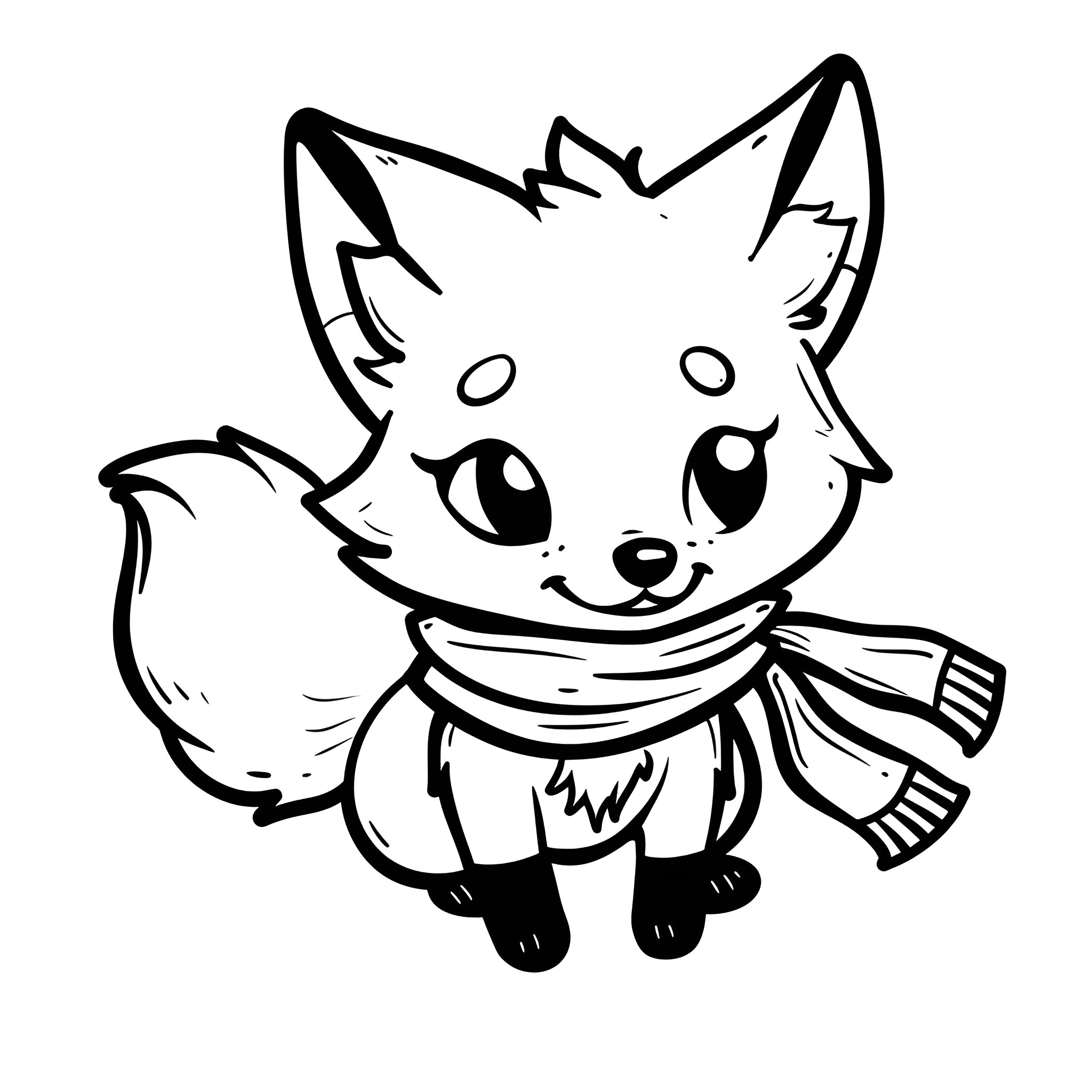 Kawaii Cuddly Fox in Scarf Drawing Idea (free black-and-white line drawing printable PDF for all, from beginners to advanced learners, including children, teens, adults, and seniors)
