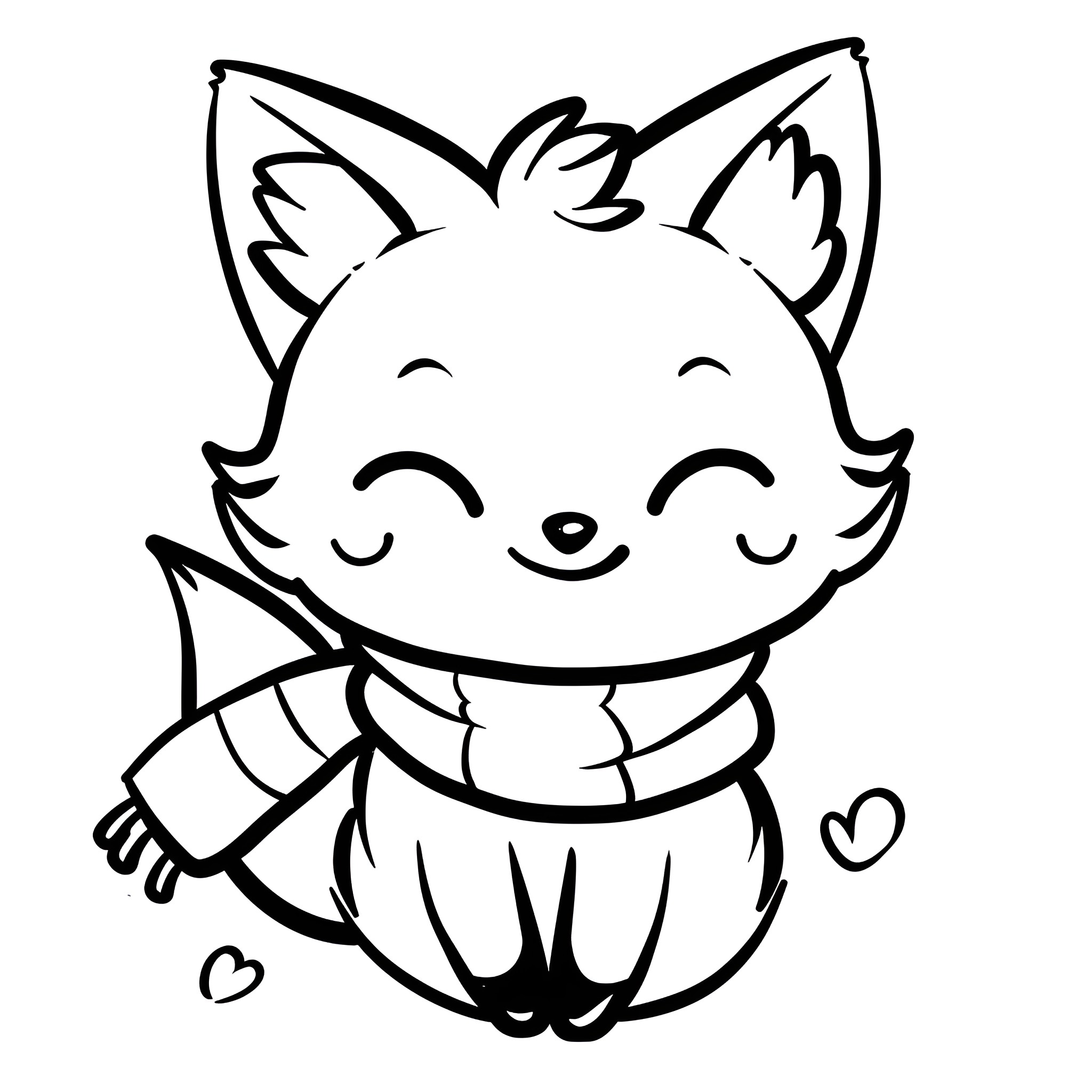 Kawaii smiling cat with scarf Drawing Idea (free black-and-white line drawing printable PDF for all, from beginners to advanced learners, including children, teens, adults, and seniors)