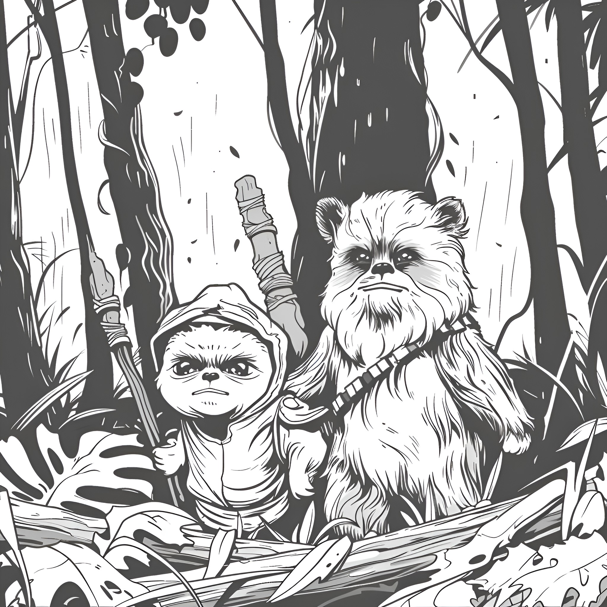 Star Wars Heroic Companions in the Forest Drawing Idea (free black-and-white line drawing printable PDF for all, from beginners to advanced learners, including children, teens, adults, and seniors)