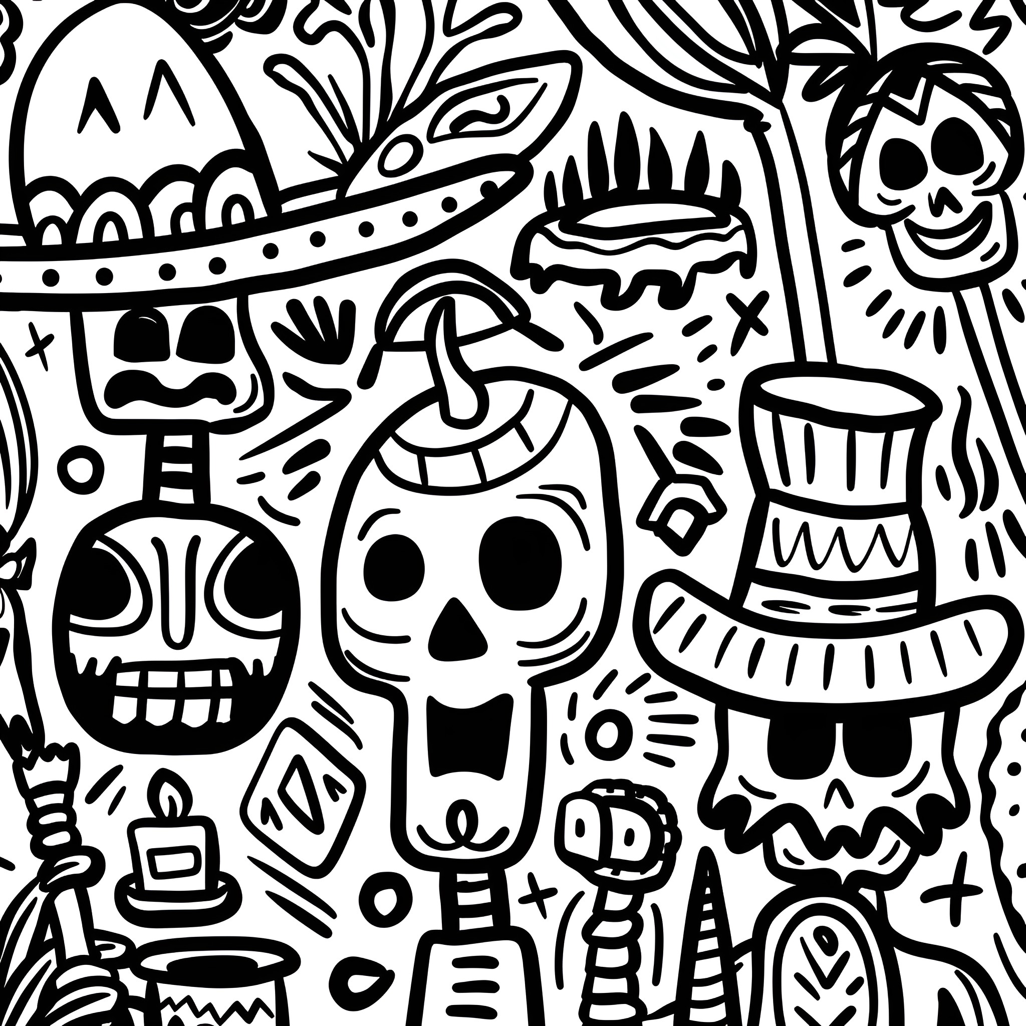 Mexico's Vibrant Dia de los Muertos Celebration Drawing Idea (free black-and-white line drawing printable PDF for all, from beginners to advanced learners, including children, teens, adults, and seniors)