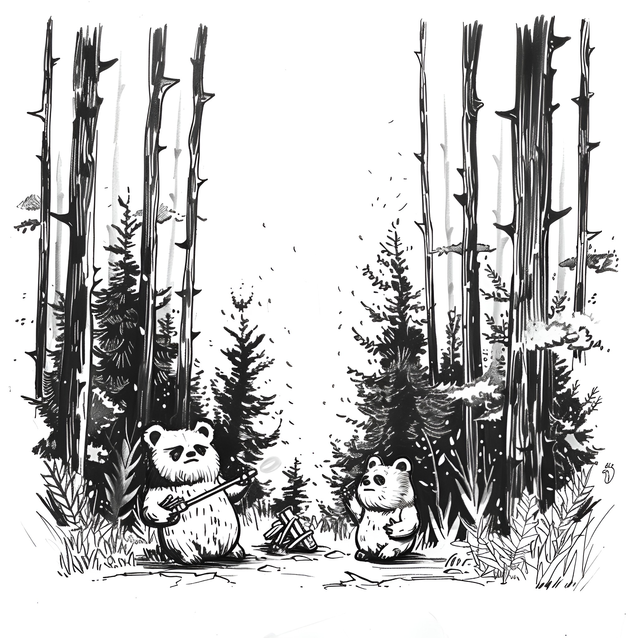Star Wars forest creatures in peaceful woodland scene Drawing Idea (free black-and-white line drawing printable PDF for all, from beginners to advanced learners, including children, teens, adults, and seniors)
