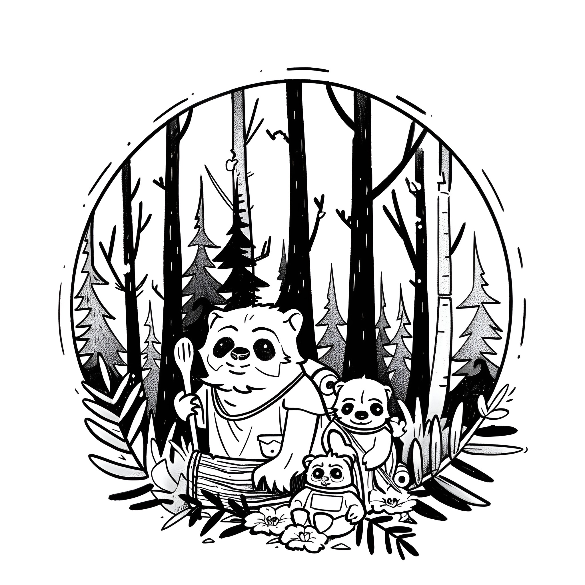 Star Wars forest creatures adventure Drawing Idea (free black-and-white line drawing printable PDF for all, from beginners to advanced learners, including children, teens, adults, and seniors)