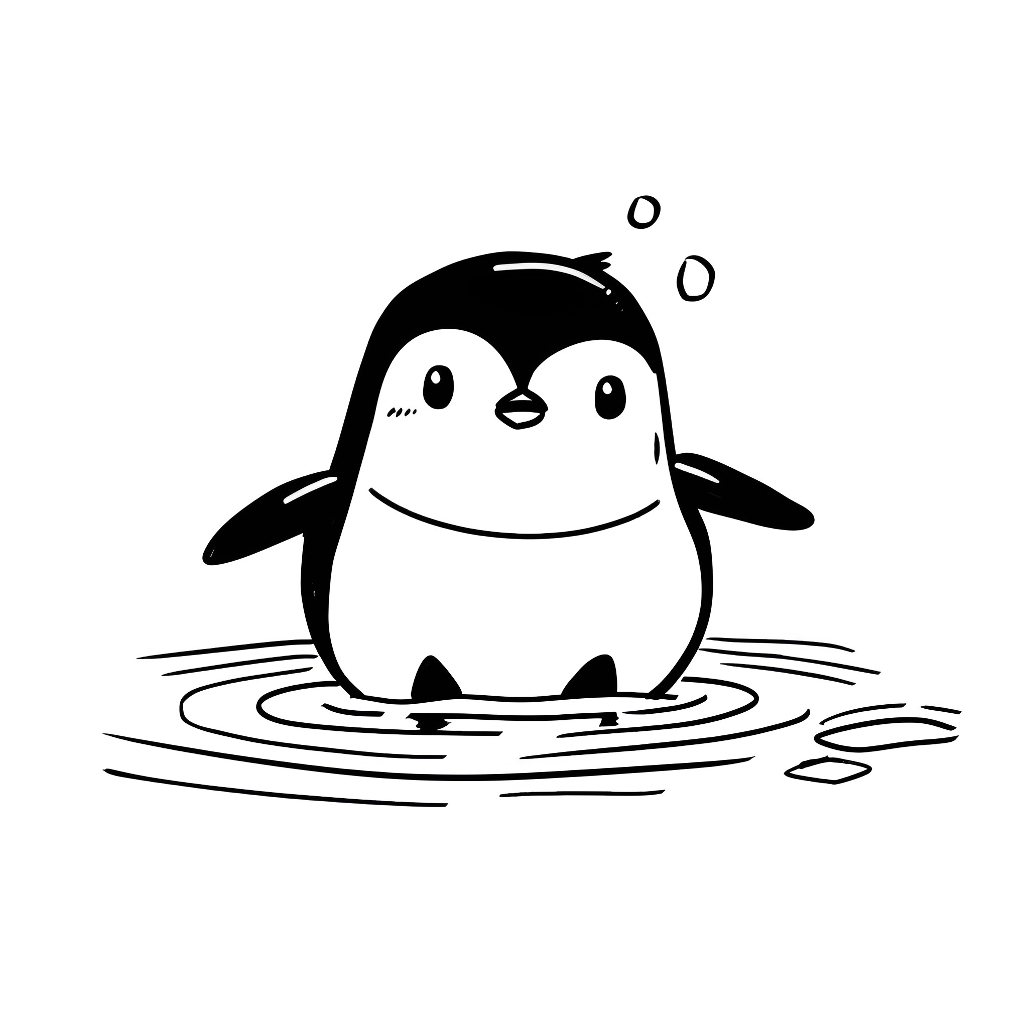 Kawaii Penguin Swimming Happily Drawing Idea (free black-and-white line drawing printable PDF for all, from beginners to advanced learners, including children, teens, adults, and seniors)