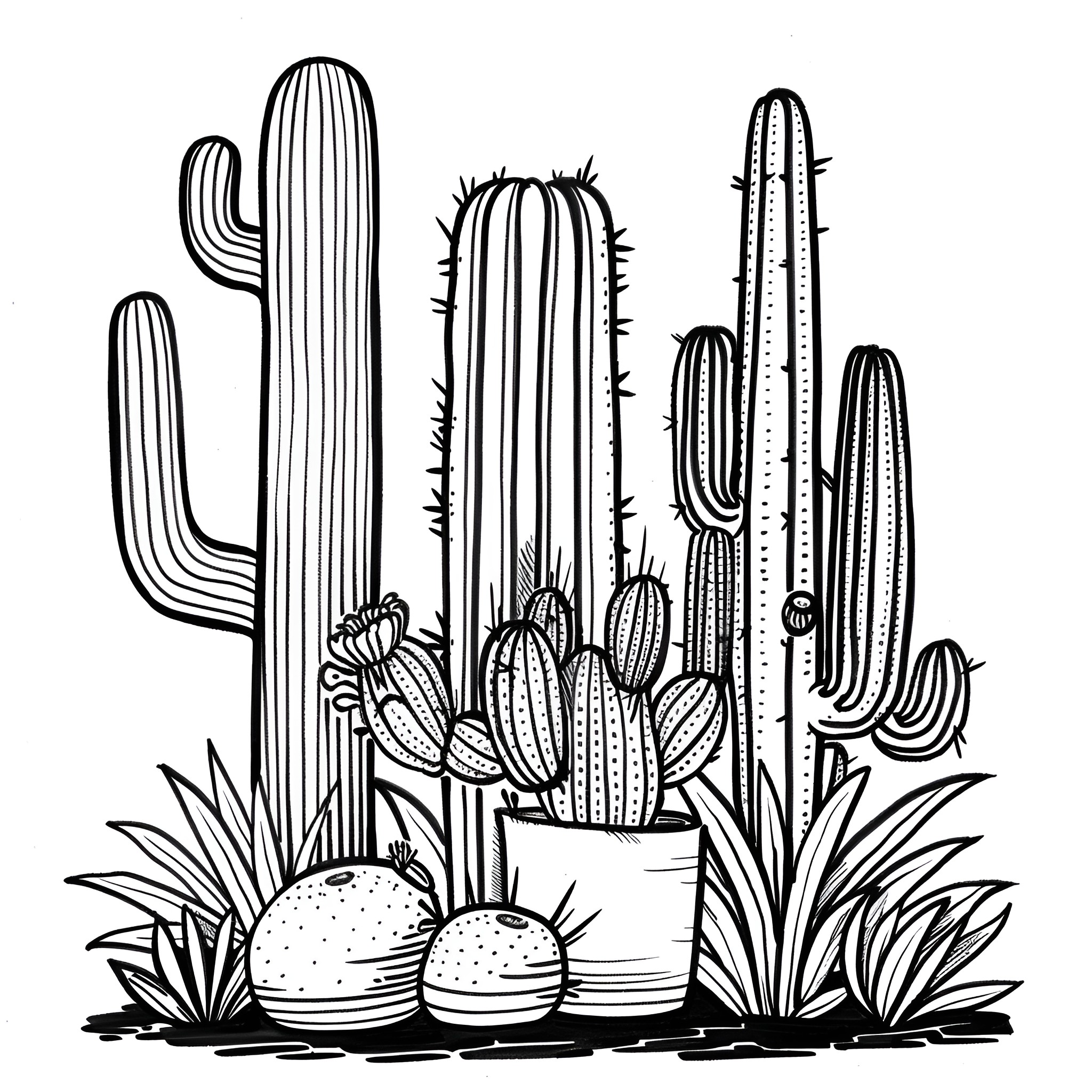 Mexico Cactus Garden Silhouettes Drawing Idea (free black-and-white line drawing printable PDF for all, from beginners to advanced learners, including children, teens, adults, and seniors)