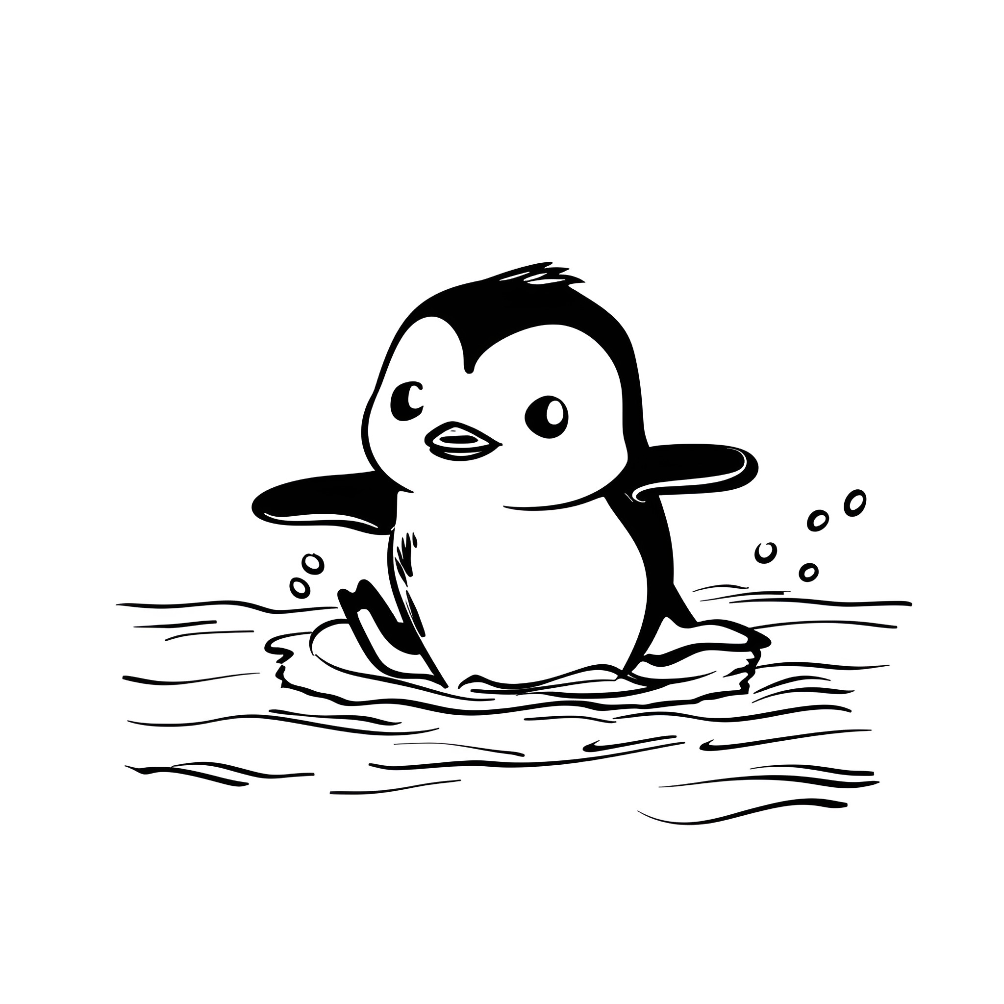 Kawaii Penguin Splashing in Water Drawing Idea (free black-and-white line drawing printable PDF for all, from beginners to advanced learners, including children, teens, adults, and seniors)