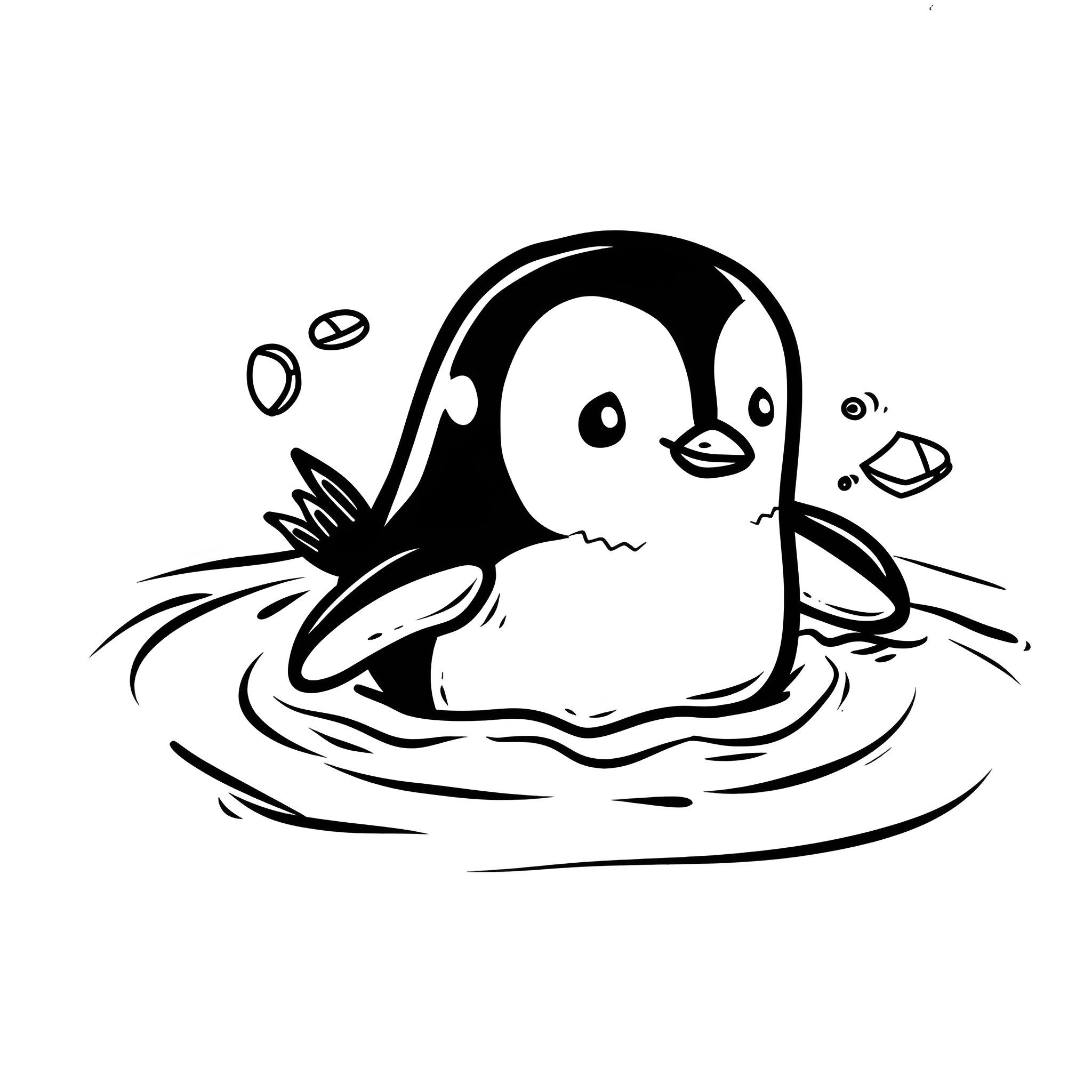 Kawaii penguin swimming playfully Drawing Idea (free black-and-white line drawing printable PDF for all, from beginners to advanced learners, including children, teens, adults, and seniors)
