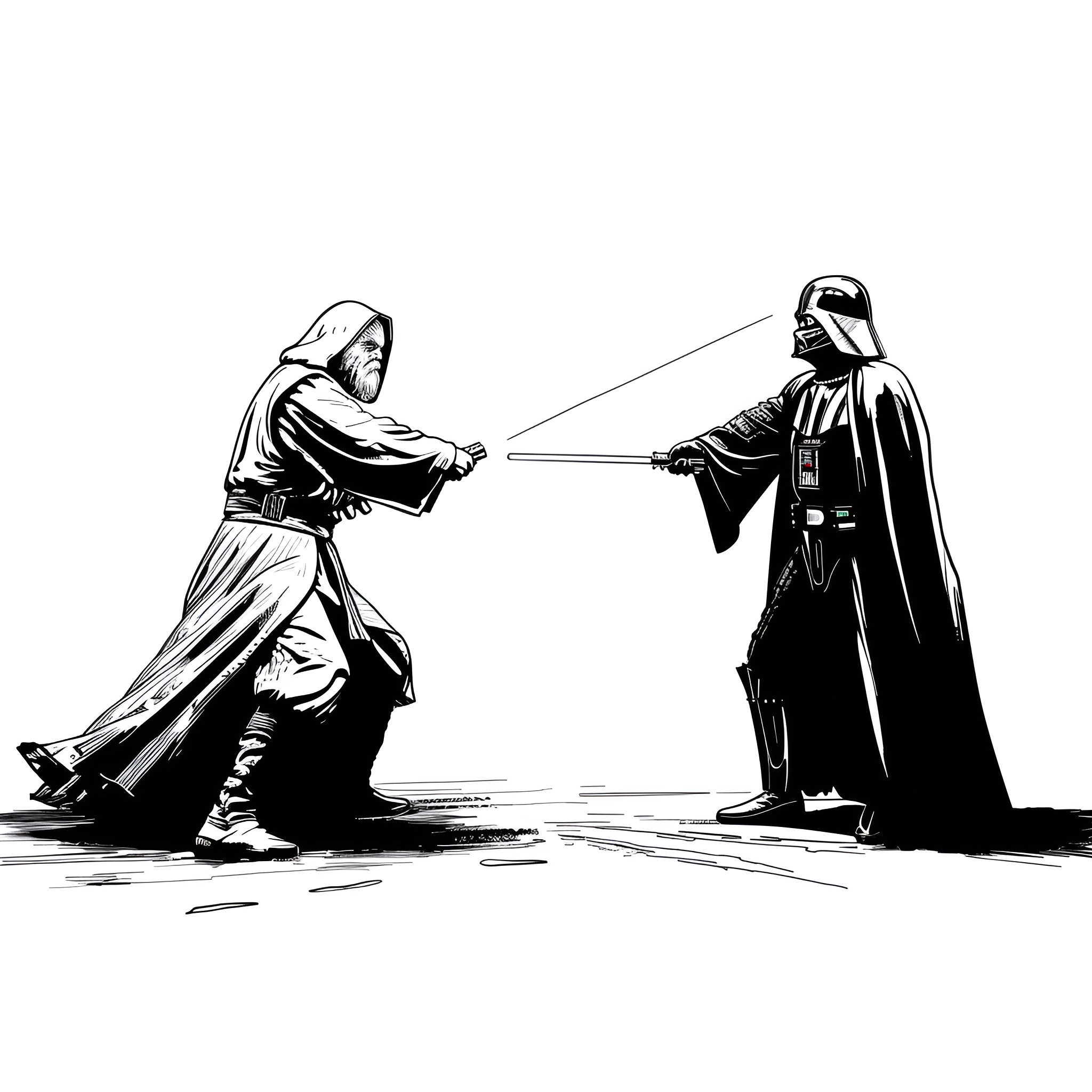 Star Wars characters in lightsaber duel Drawing Idea (free black-and-white line drawing printable PDF for all, from beginners to advanced learners, including children, teens, adults, and seniors)