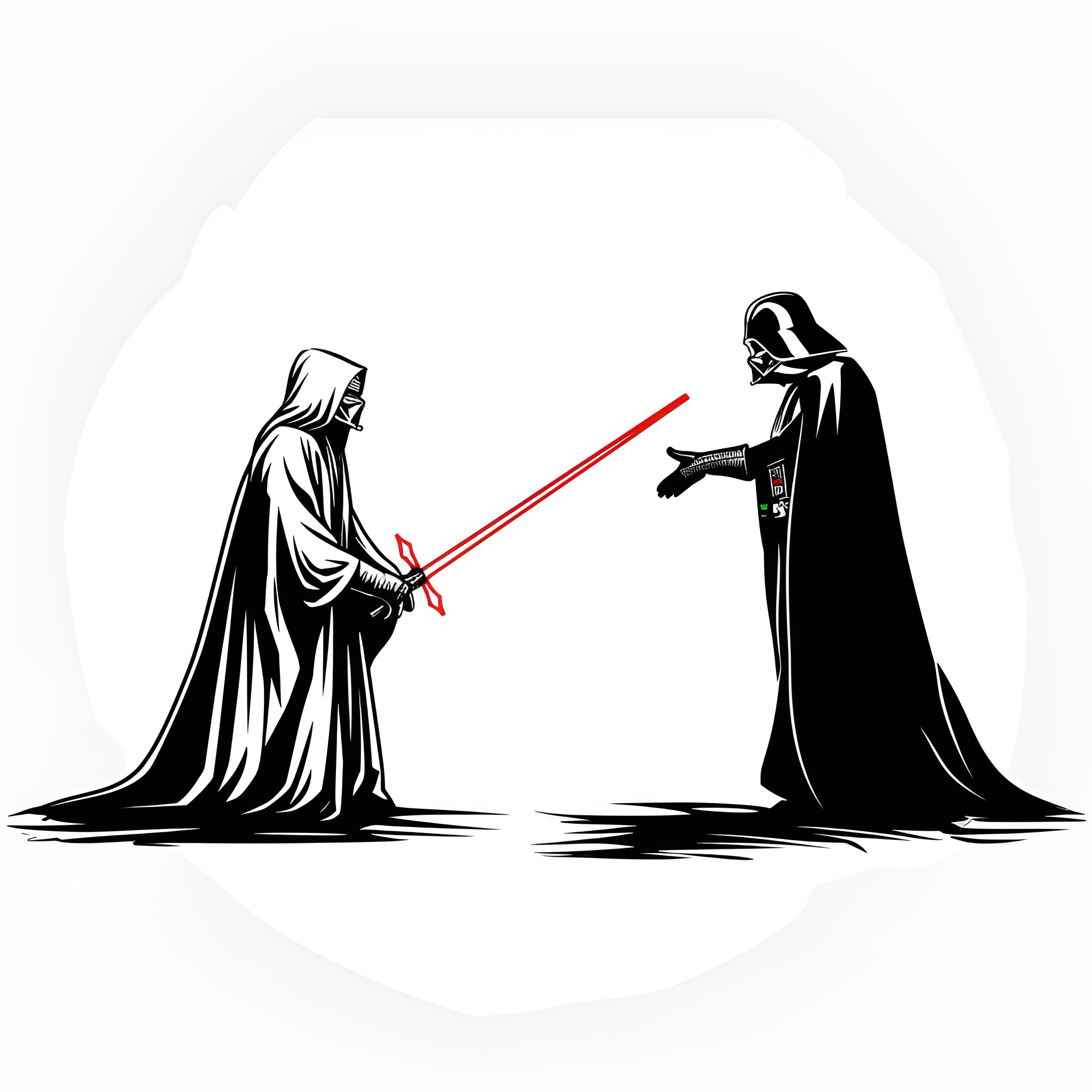 Star Wars confrontation between Jedi and Darth Vader Drawing Idea (free black-and-white line drawing printable PDF for all, from beginners to advanced learners, including children, teens, adults, and seniors)