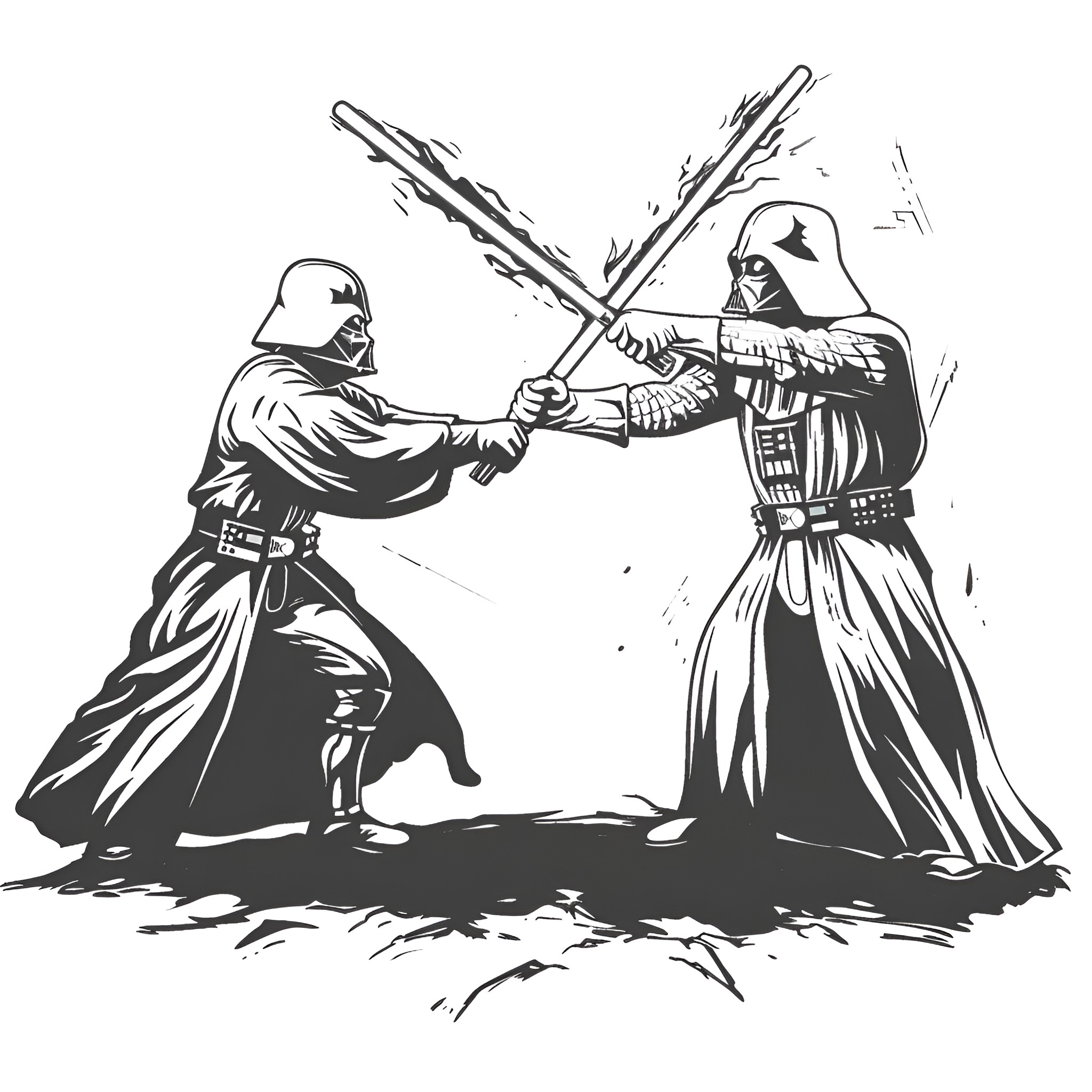 Star Wars epic lightsaber duel Drawing Idea (free black-and-white line drawing printable PDF for all, from beginners to advanced learners, including children, teens, adults, and seniors)