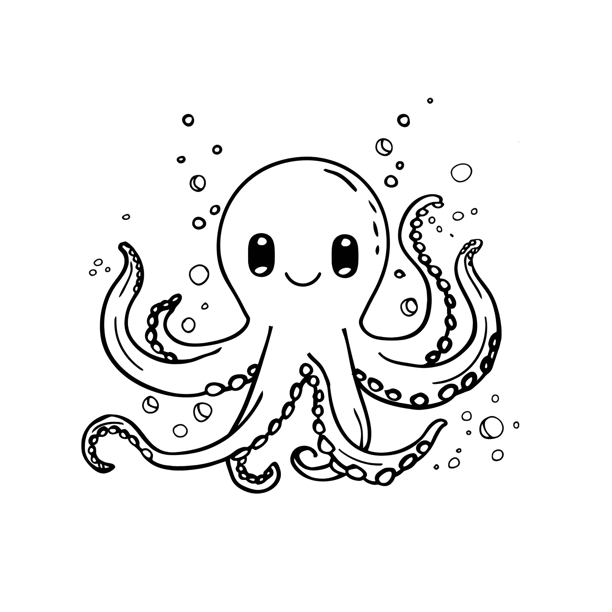 Kawaii Cheerful Octopus Drawing Idea (free black-and-white line drawing printable PDF for all, from beginners to advanced learners, including children, teens, adults, and seniors)