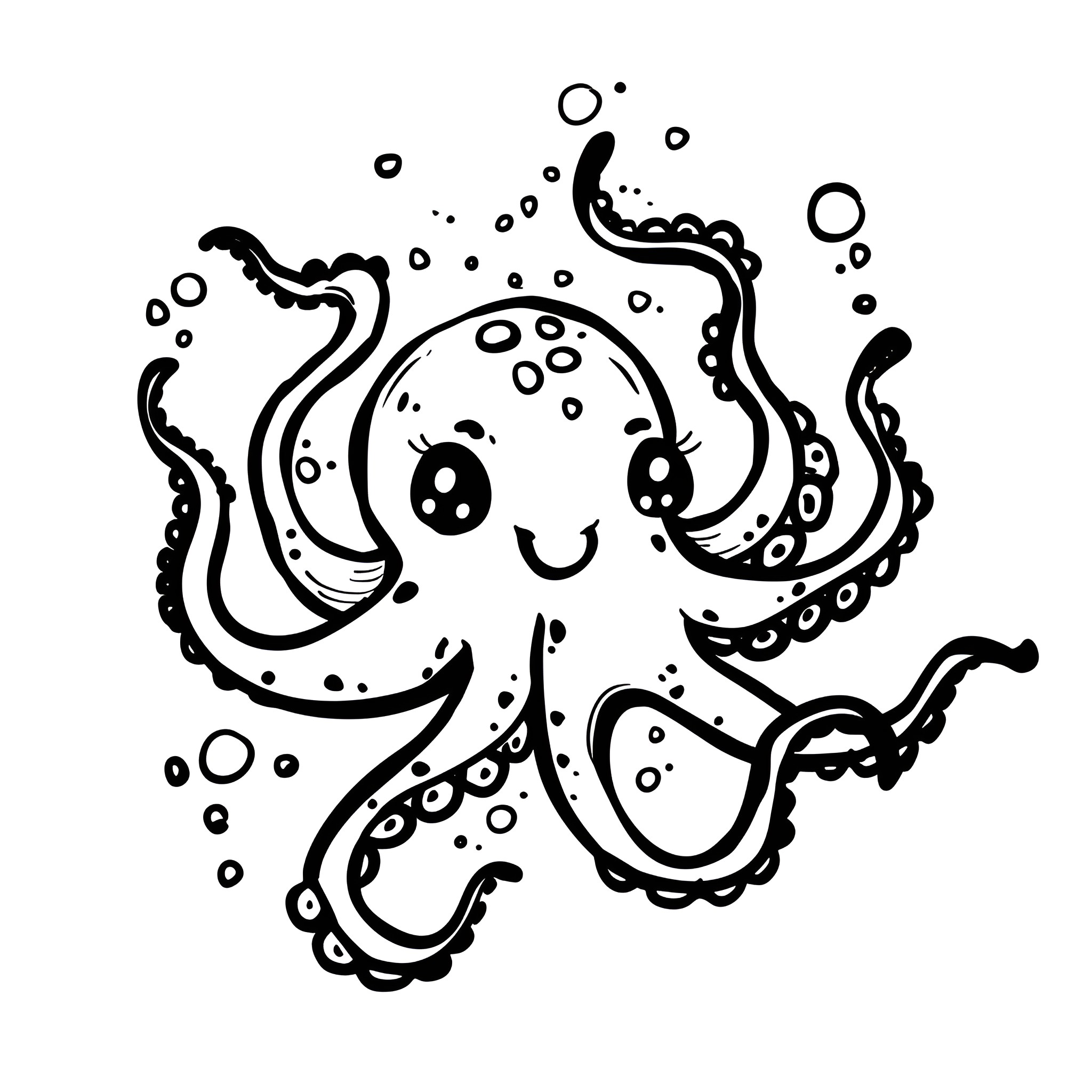 Kawaii playful octopus Drawing Idea (free black-and-white line drawing printable PDF for all, from beginners to advanced learners, including children, teens, adults, and seniors)