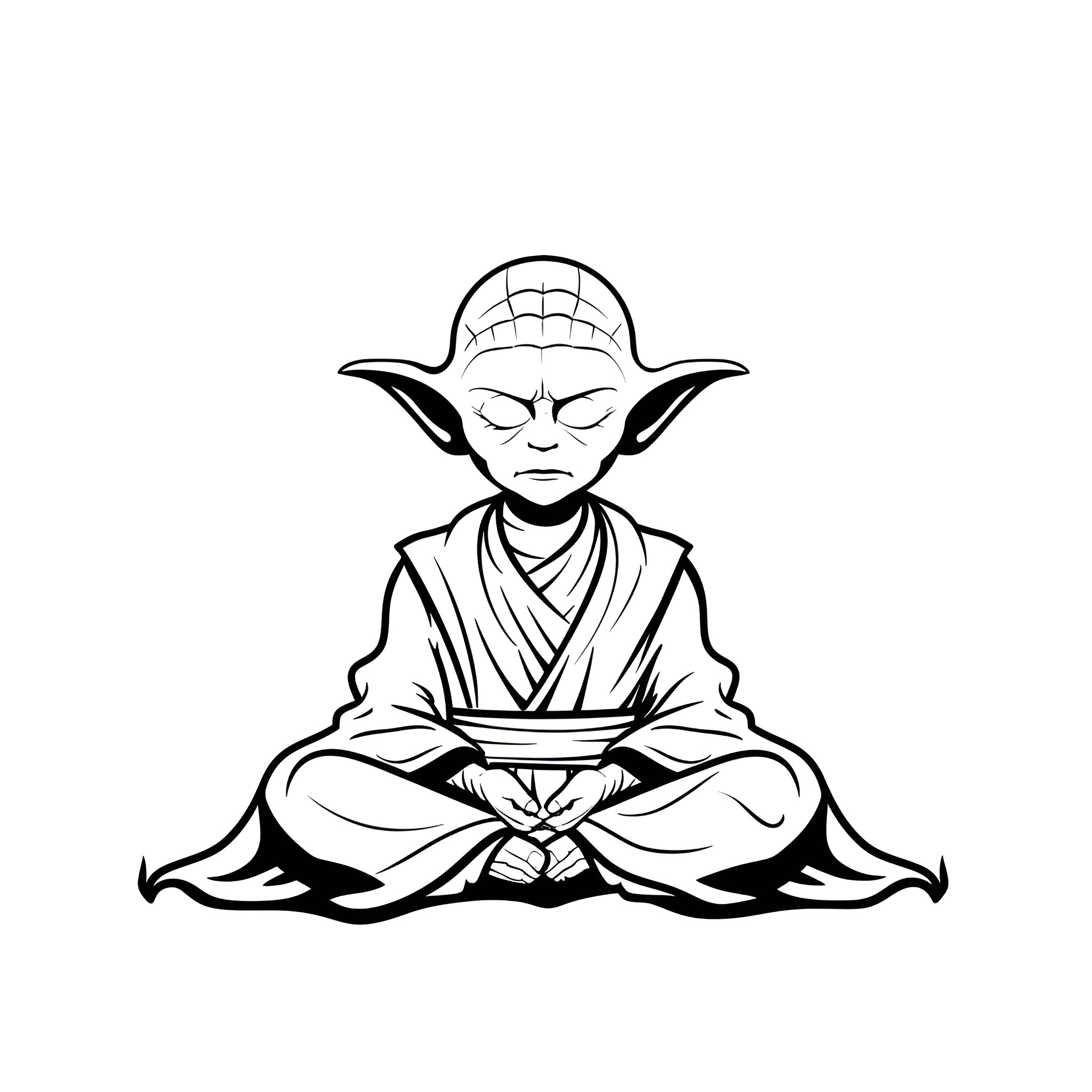 Star Wars meditation master in robes Drawing Idea (free black-and-white line drawing printable PDF for all, from beginners to advanced learners, including children, teens, adults, and seniors)