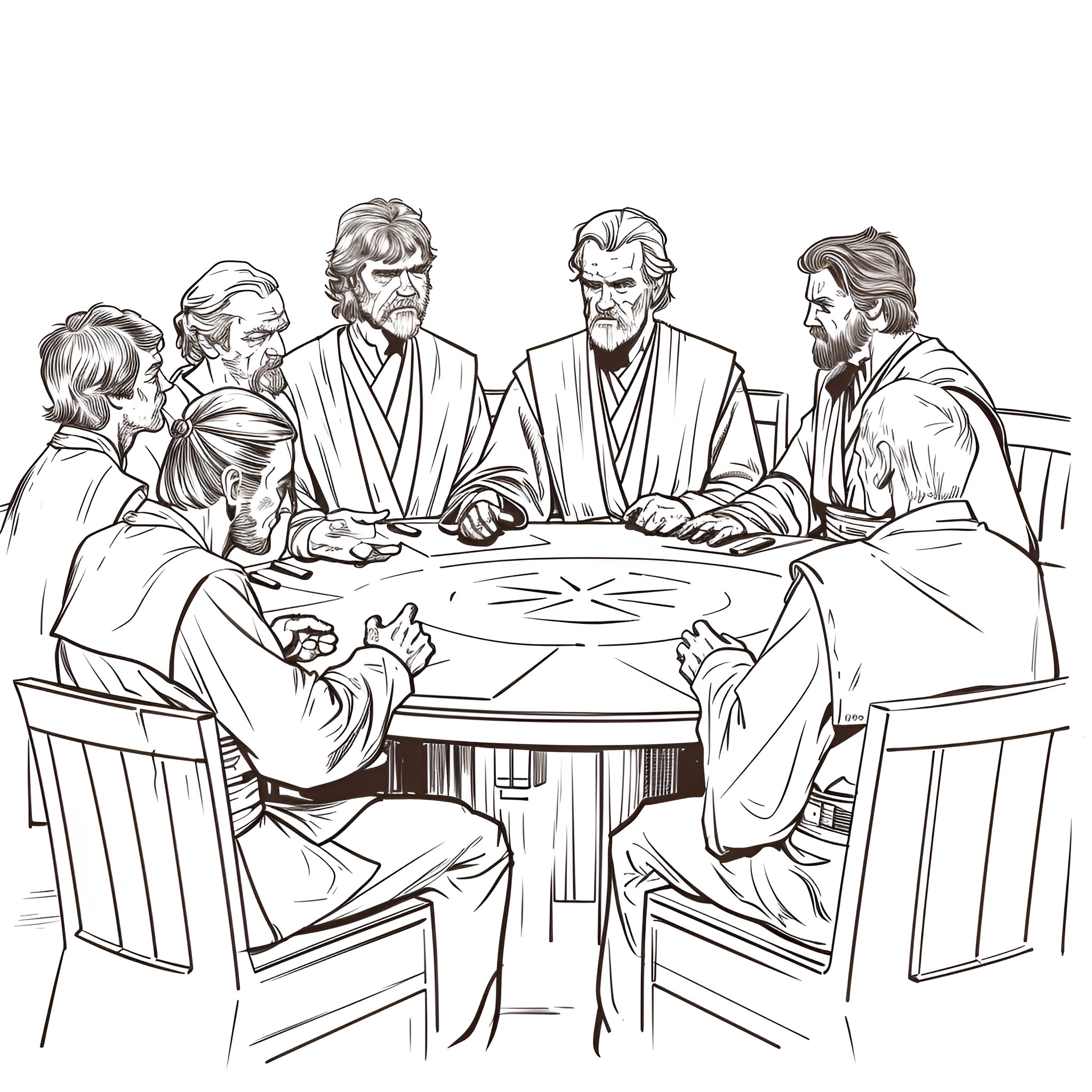 Star Wars Jedi Council meeting Drawing Idea (free black-and-white line drawing printable PDF for all, from beginners to advanced learners, including children, teens, adults, and seniors)