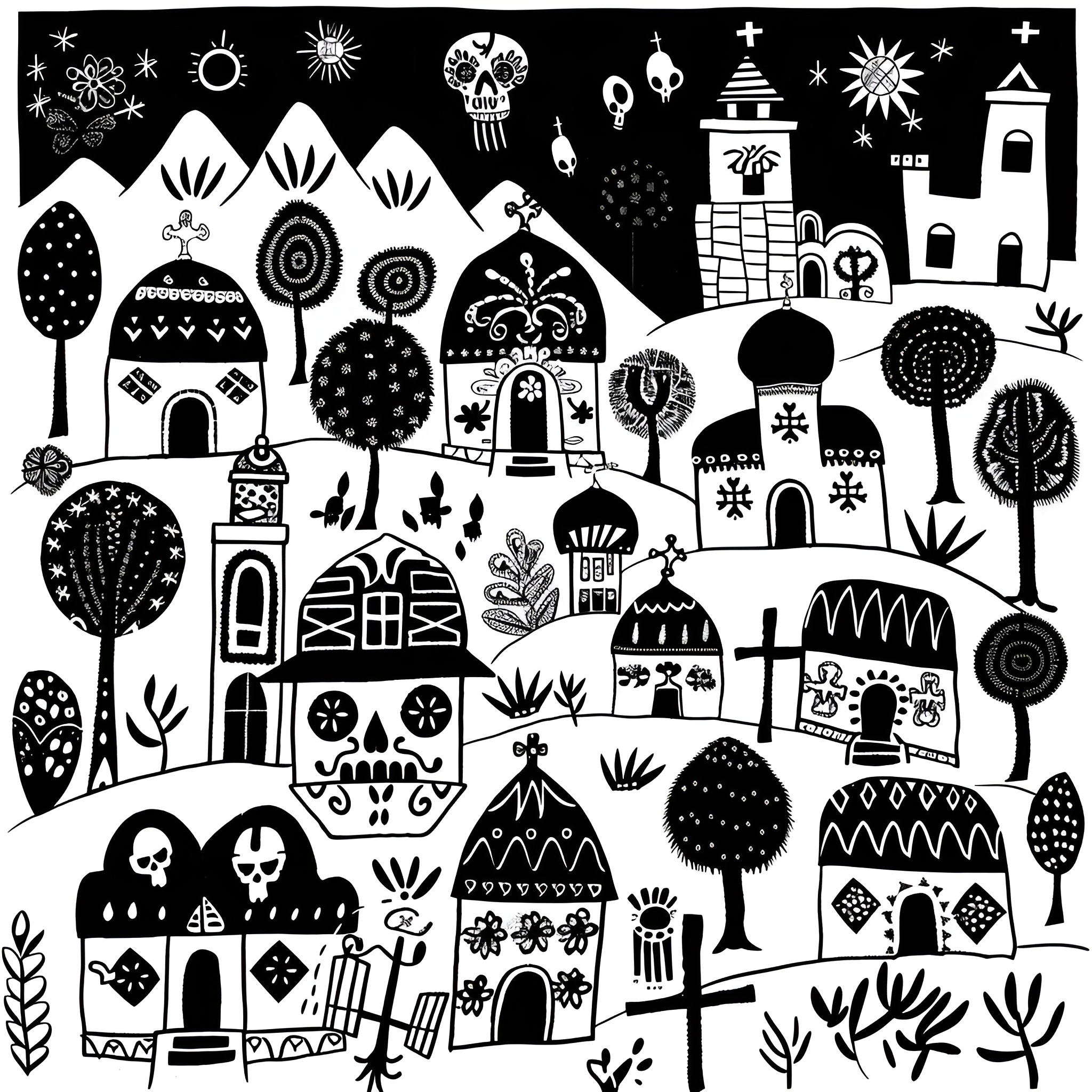 Mexico folk art village scene Drawing Idea (free black-and-white line drawing printable PDF for all, from beginners to advanced learners, including children, teens, adults, and seniors)