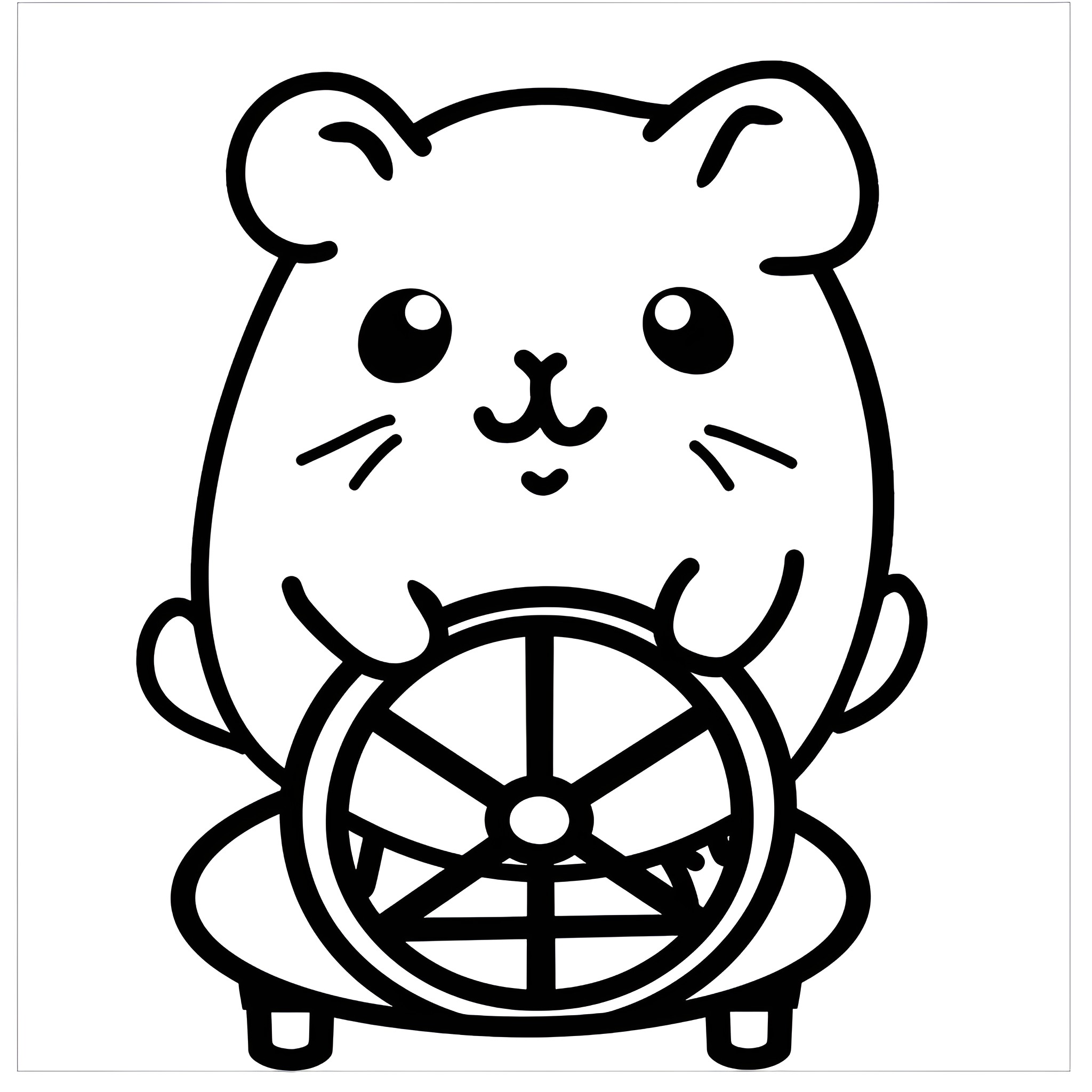 Kawaii hamster steering wheel Drawing Idea (free black-and-white line drawing printable PDF for all, from beginners to advanced learners, including children, teens, adults, and seniors)