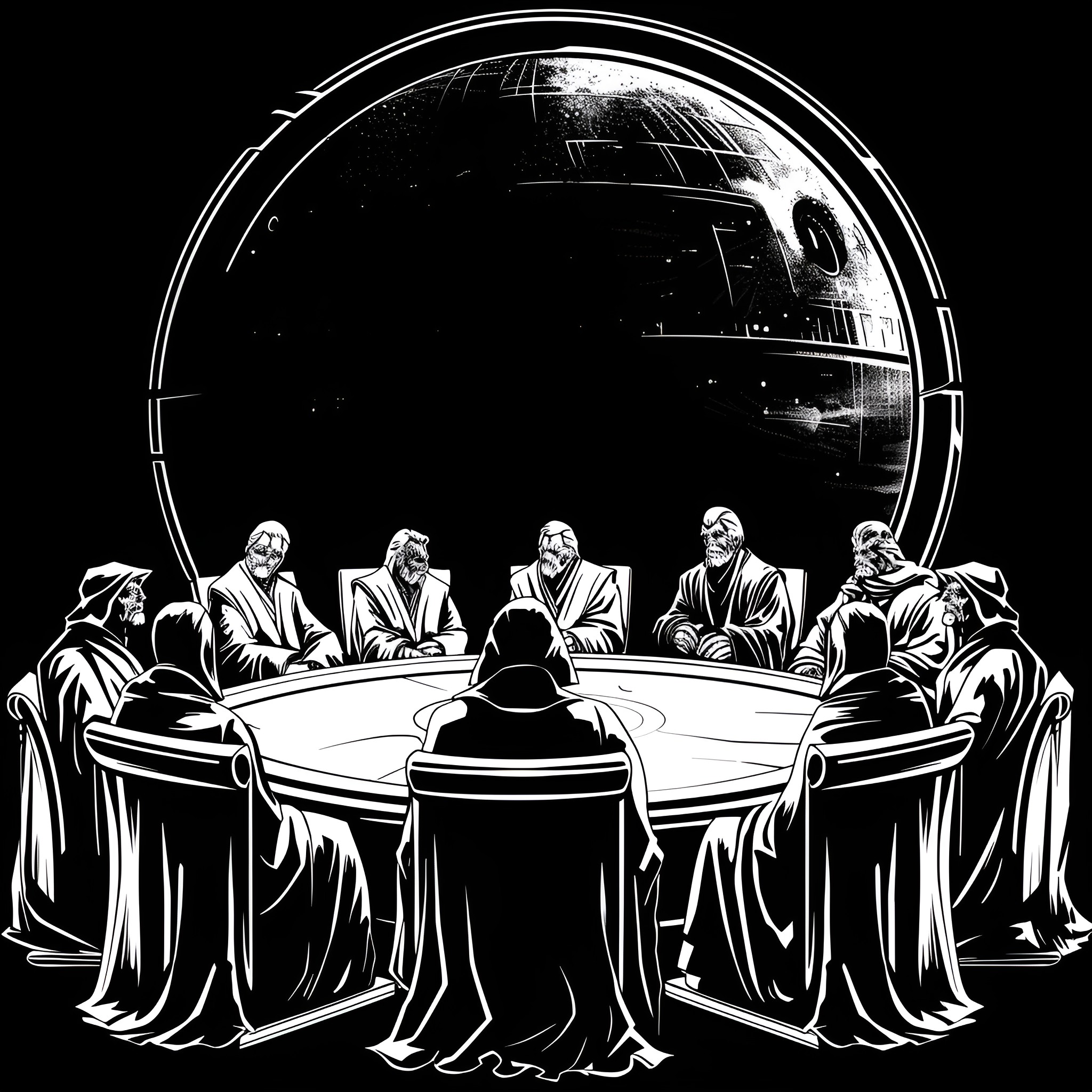 Star Wars Jedi Council Convened in Galactic Chamber Drawing Idea (free black-and-white line drawing printable PDF for all, from beginners to advanced learners, including children, teens, adults, and seniors)