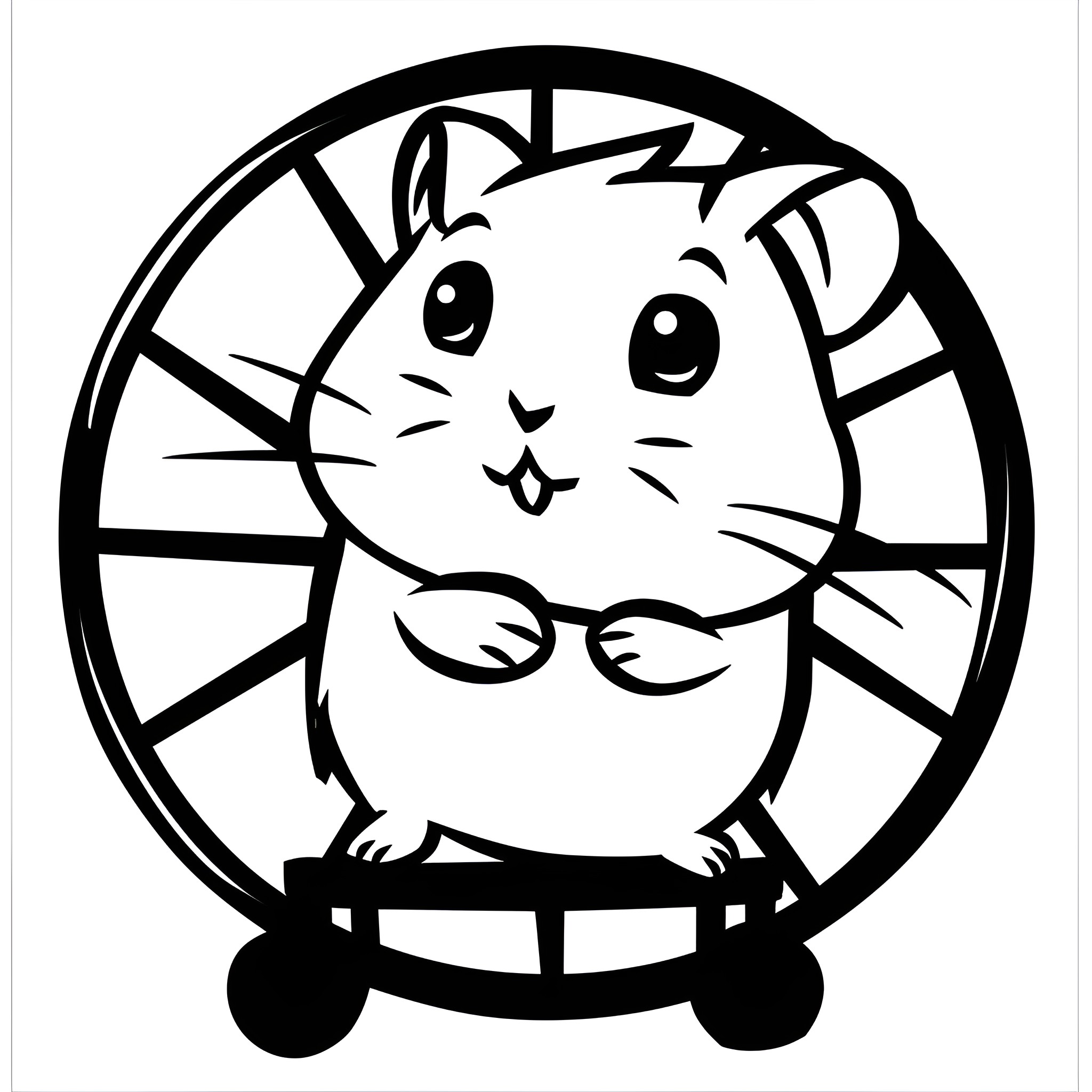 Kawaii Playful Hamster on Wheel Drawing Idea (free black-and-white line drawing printable PDF for all, from beginners to advanced learners, including children, teens, adults, and seniors)