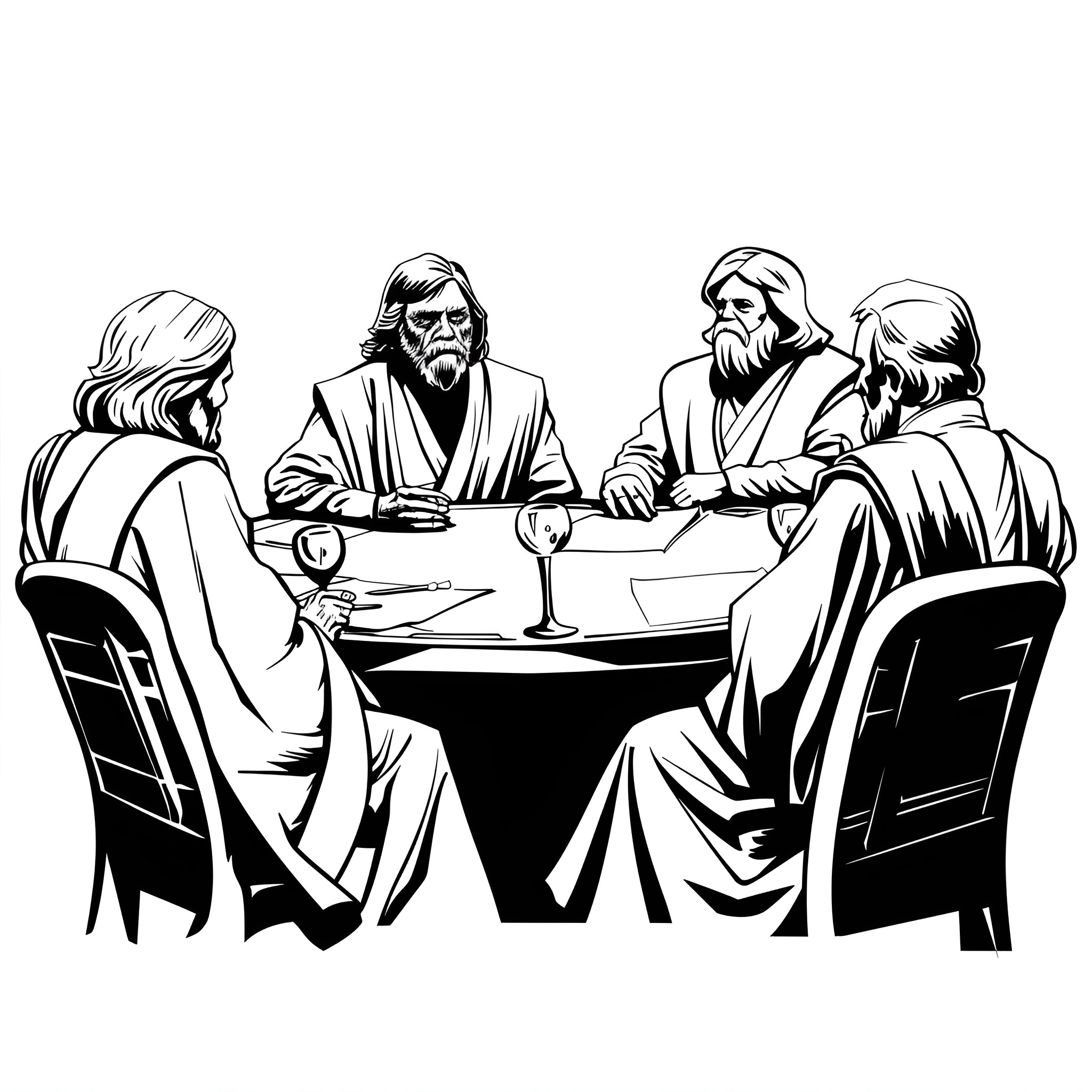 Star Wars Jedi Masters Gather for Discussion Drawing Idea (free black-and-white line drawing printable PDF for all, from beginners to advanced learners, including children, teens, adults, and seniors)