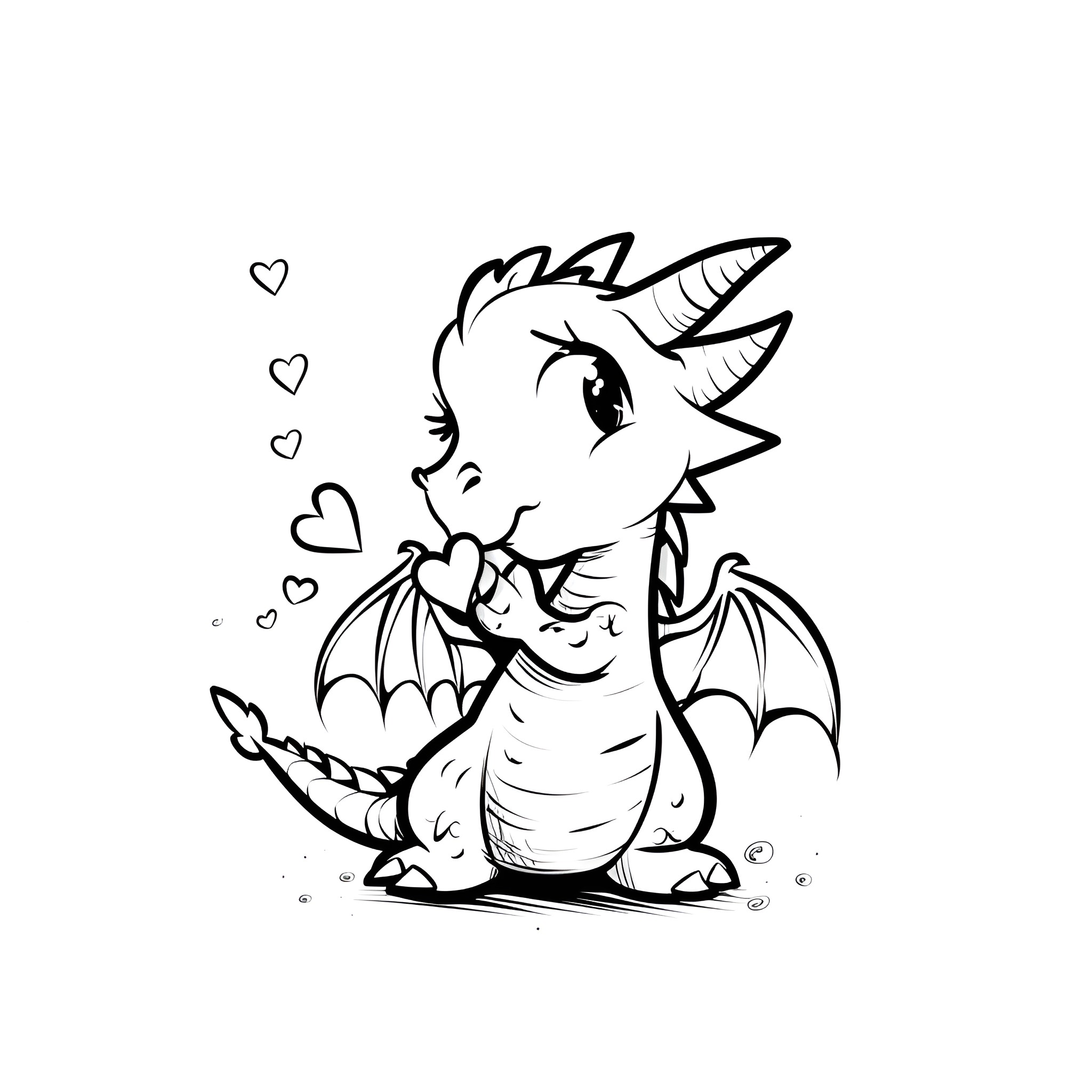 Kawaii dragon with loving expression Drawing Idea (free black-and-white line drawing printable PDF for all, from beginners to advanced learners, including children, teens, adults, and seniors)