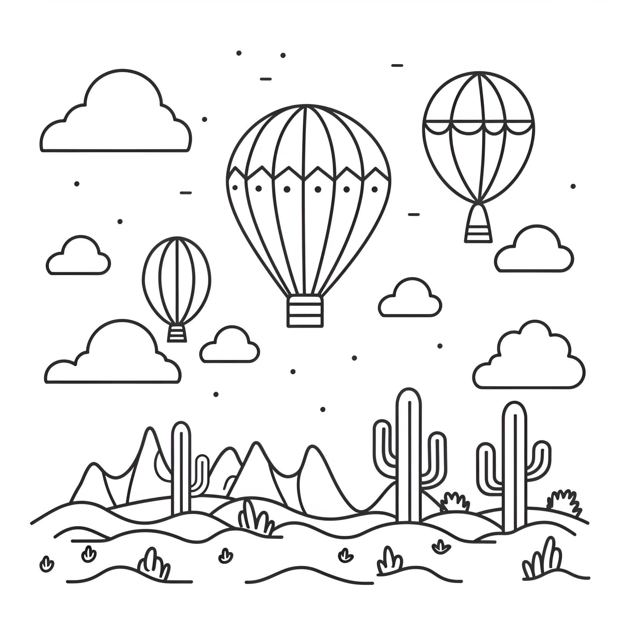 Mexico hot air balloons over desert landscape Drawing Idea (free black-and-white line drawing printable PDF for all, from beginners to advanced learners, including children, teens, adults, and seniors)