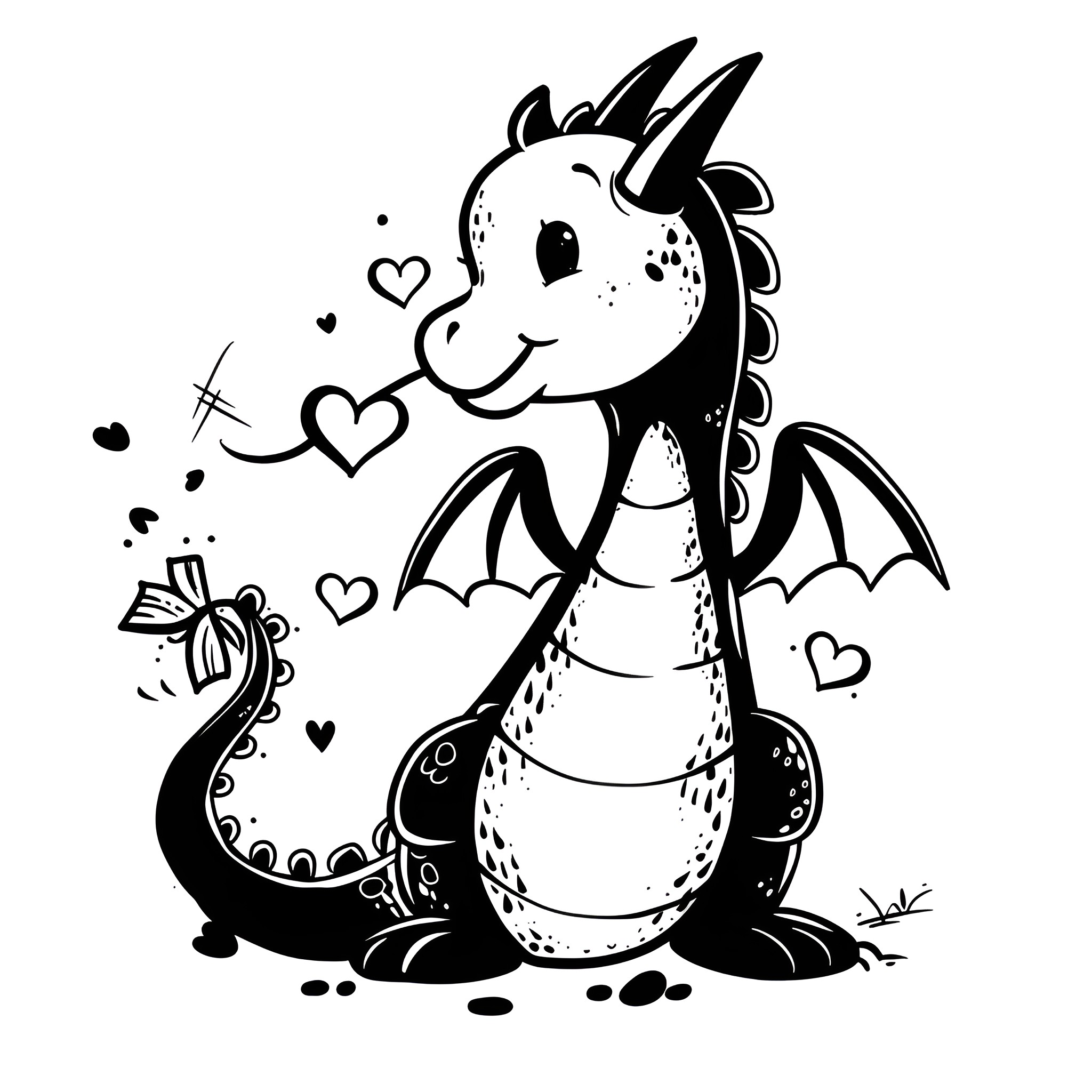 Kawaii Dragon with Hearts Drawing Idea (free black-and-white line drawing printable PDF for all, from beginners to advanced learners, including children, teens, adults, and seniors)