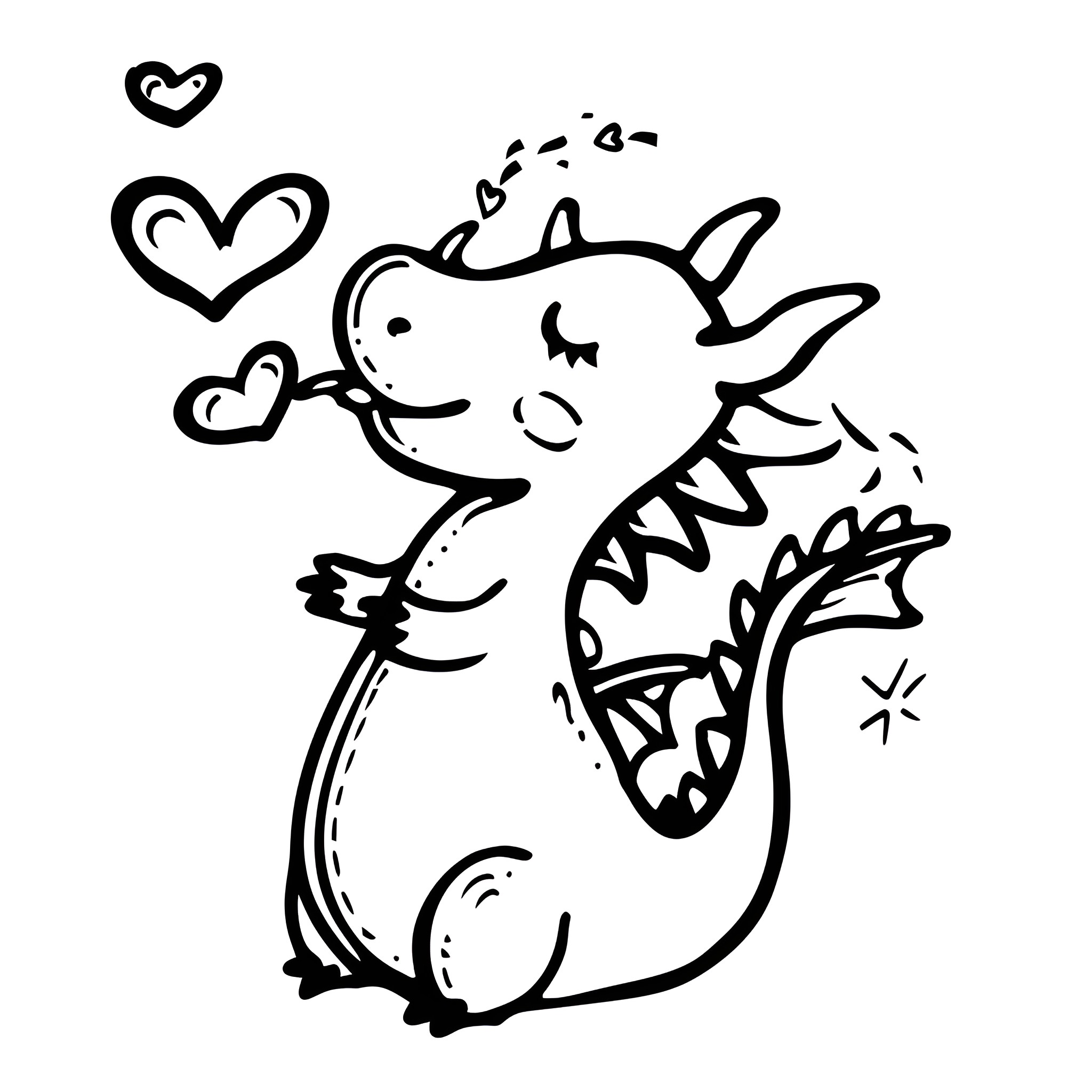 Kawaii dragon with hearts Drawing Idea (free black-and-white line drawing printable PDF for all, from beginners to advanced learners, including children, teens, adults, and seniors)