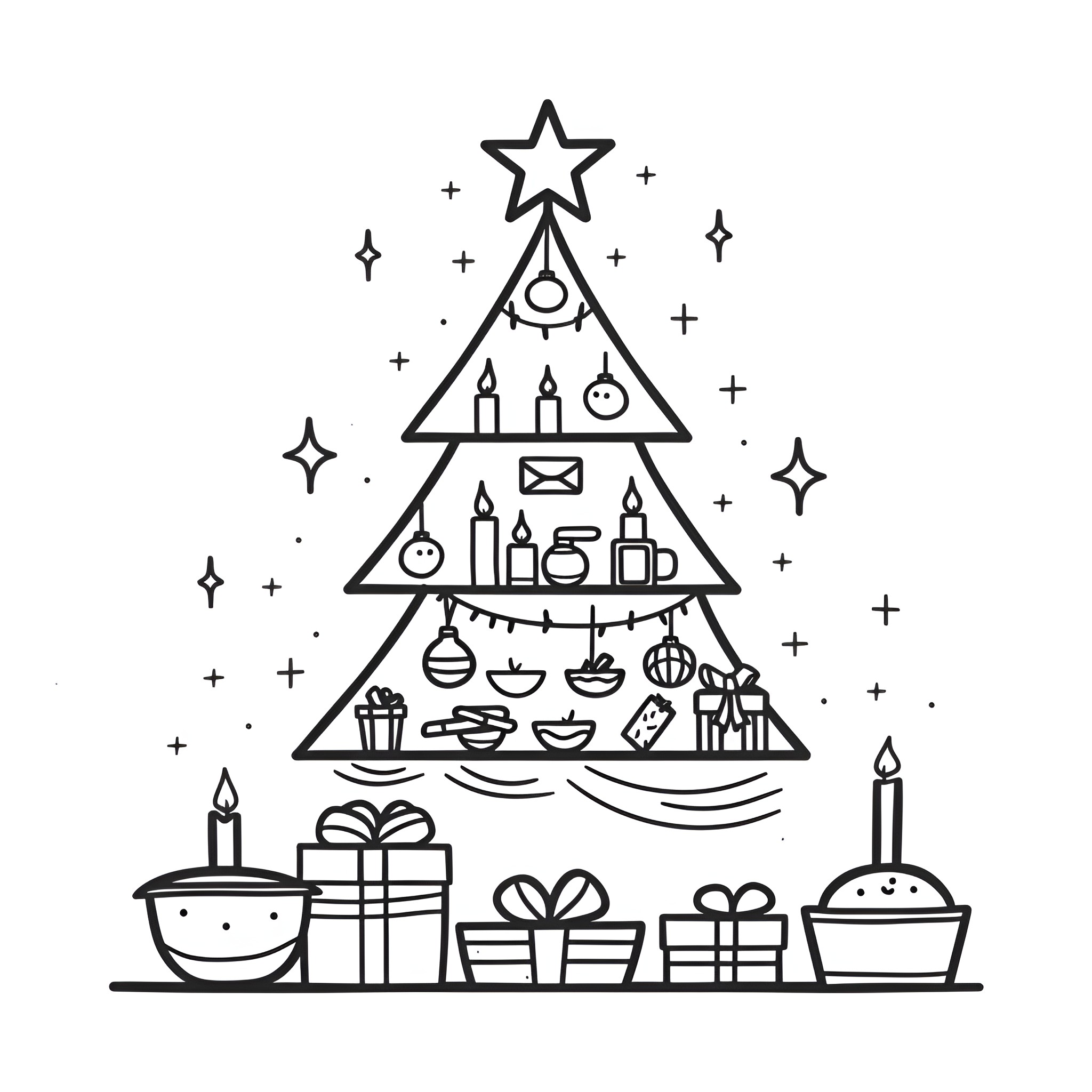Christmas Tree filled with festive icons and items Drawing Idea (free black-and-white line drawing printable PDF for all, from beginners to advanced learners, including children, teens, adults, and seniors)