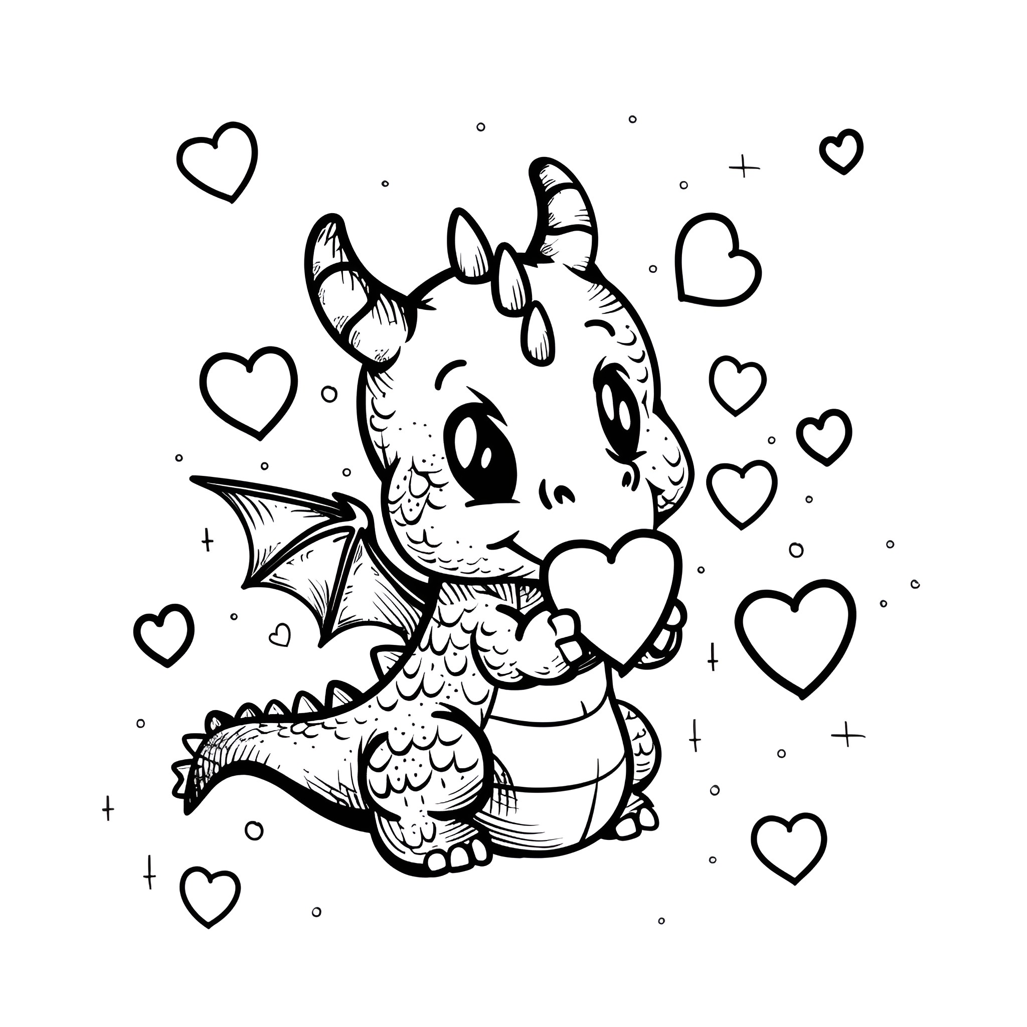Kawaii dragon with heart-shaped accents Drawing Idea (free black-and-white line drawing printable PDF for all, from beginners to advanced learners, including children, teens, adults, and seniors)