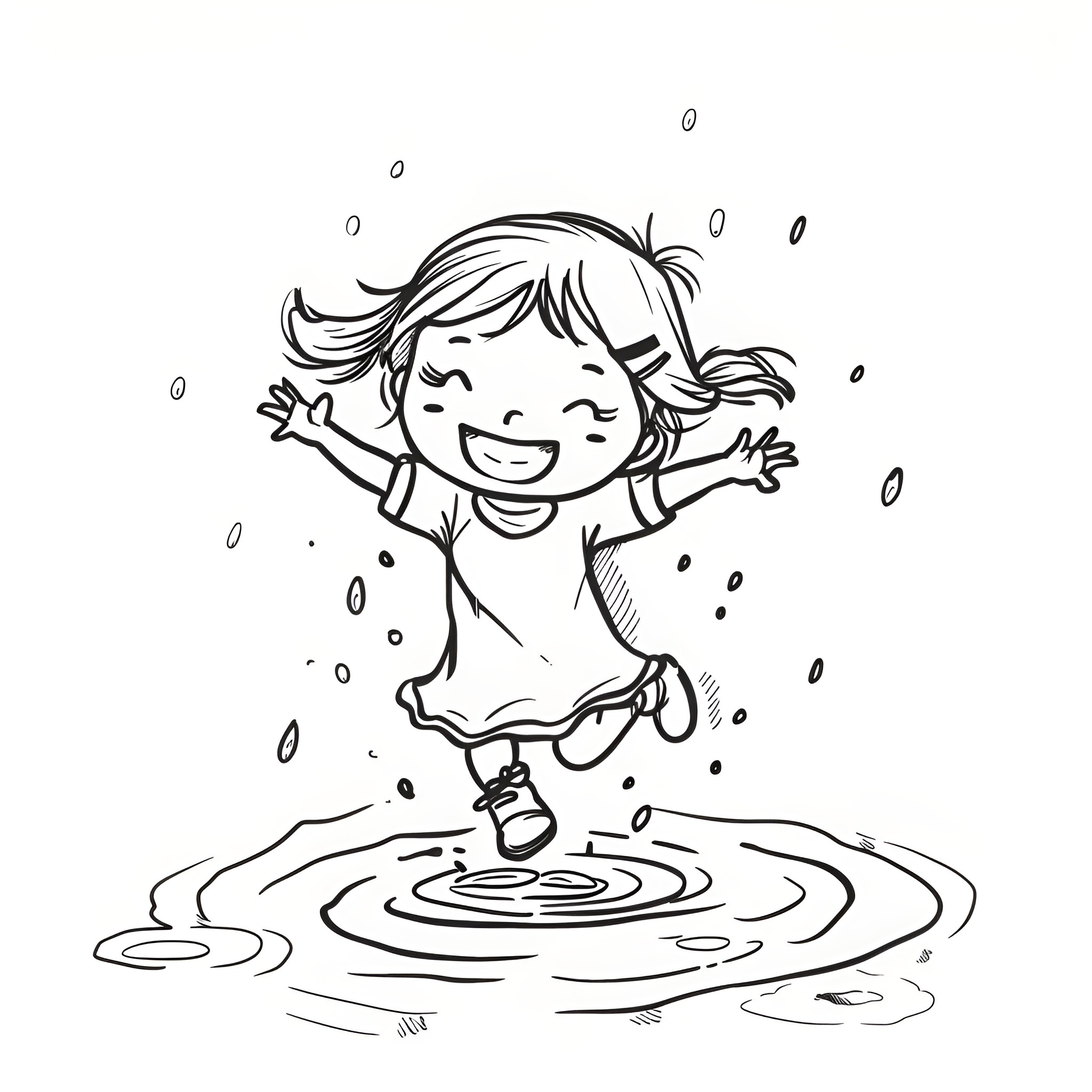 Kawaii girl joyfully jumping in puddles Drawing Idea (free black-and-white line drawing printable PDF for all, from beginners to advanced learners, including children, teens, adults, and seniors)