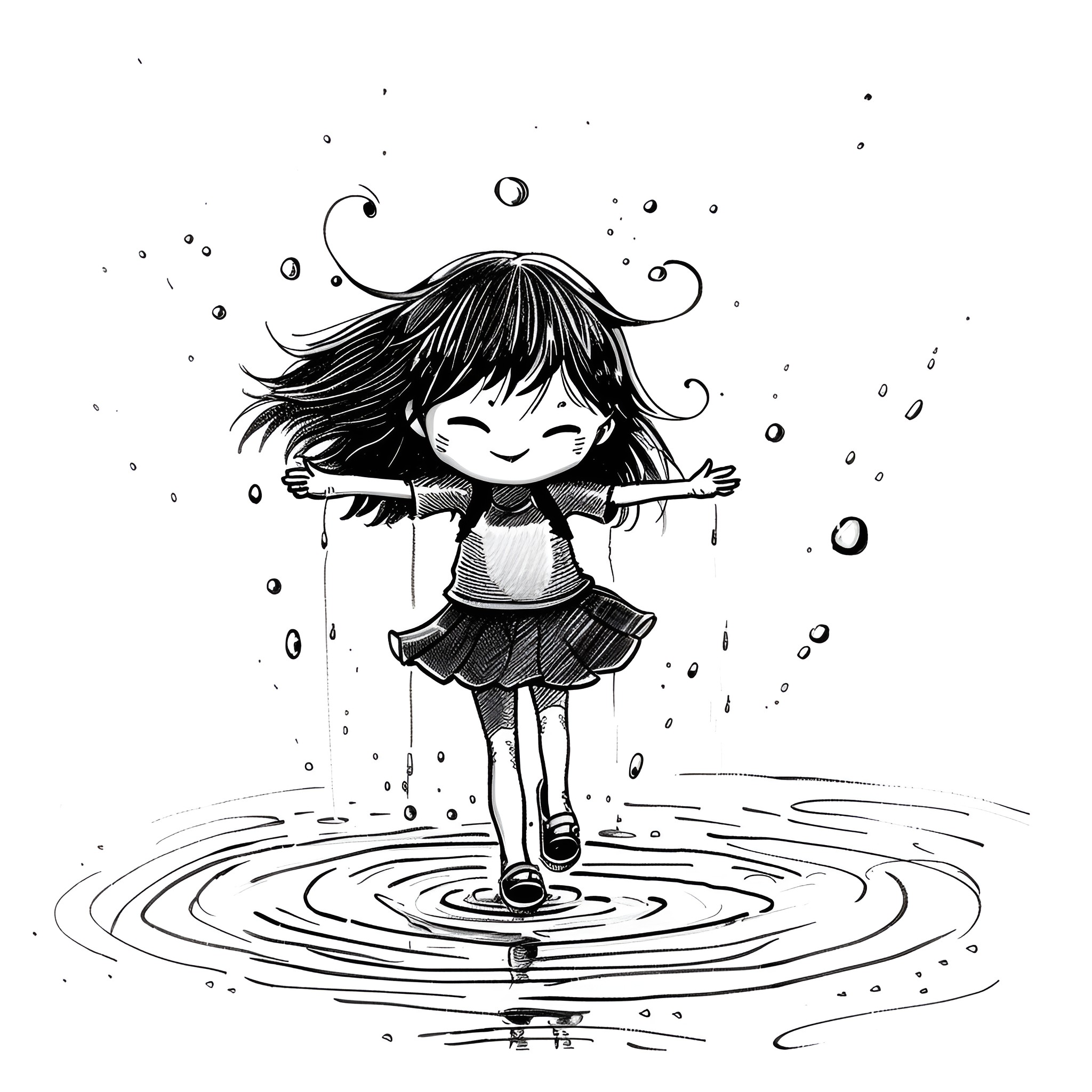 Kawaii girl splashing in puddles Drawing Idea (free black-and-white line drawing printable PDF for all, from beginners to advanced learners, including children, teens, adults, and seniors)