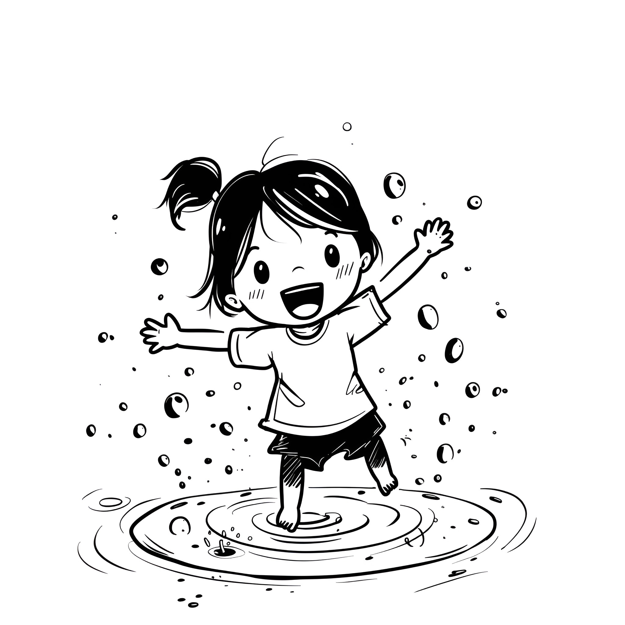 Kawaii child playing in puddles Drawing Idea (free black-and-white line drawing printable PDF for all, from beginners to advanced learners, including children, teens, adults, and seniors)
