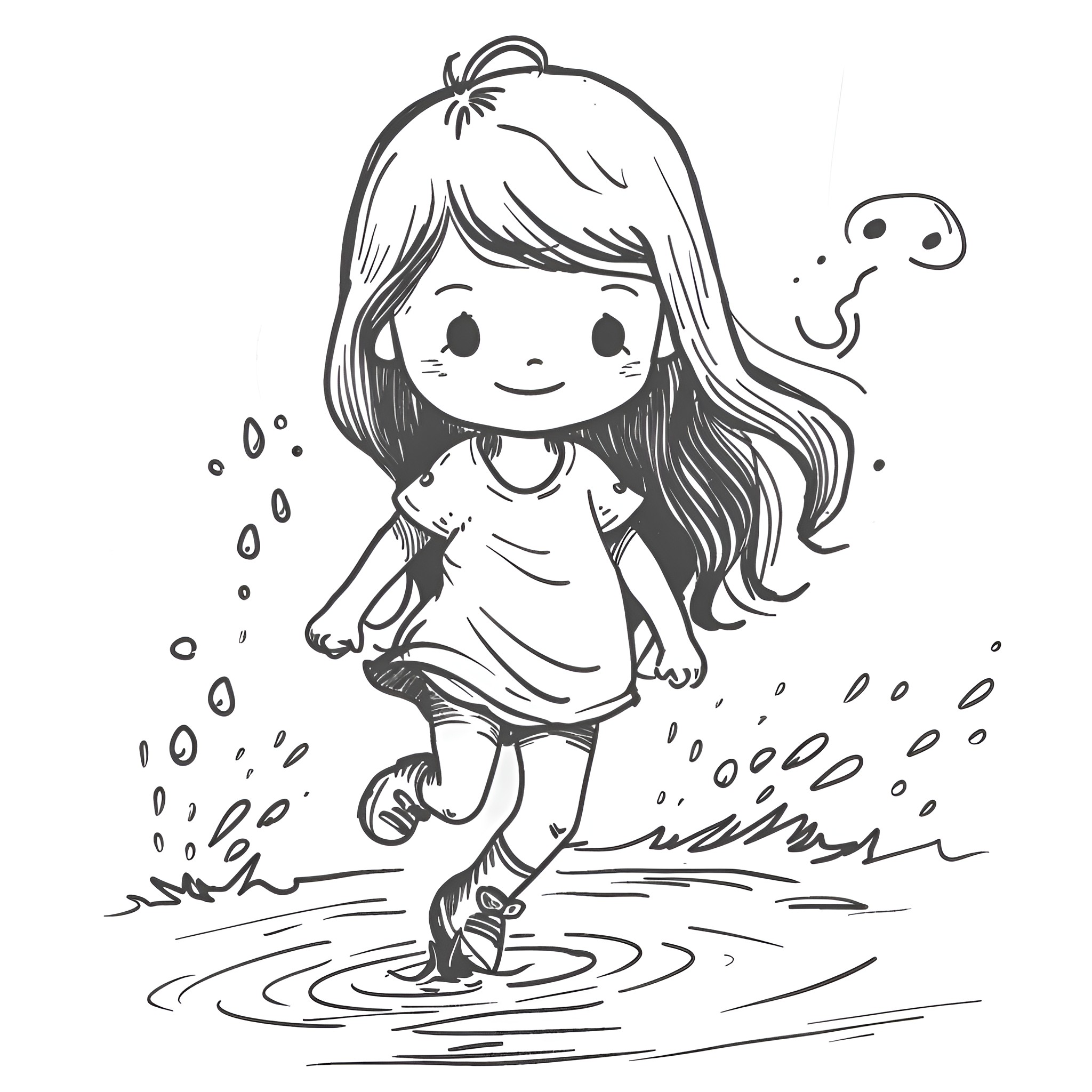 Kawaii girl splashing in puddles Drawing Idea (free black-and-white line drawing printable PDF for all, from beginners to advanced learners, including children, teens, adults, and seniors)