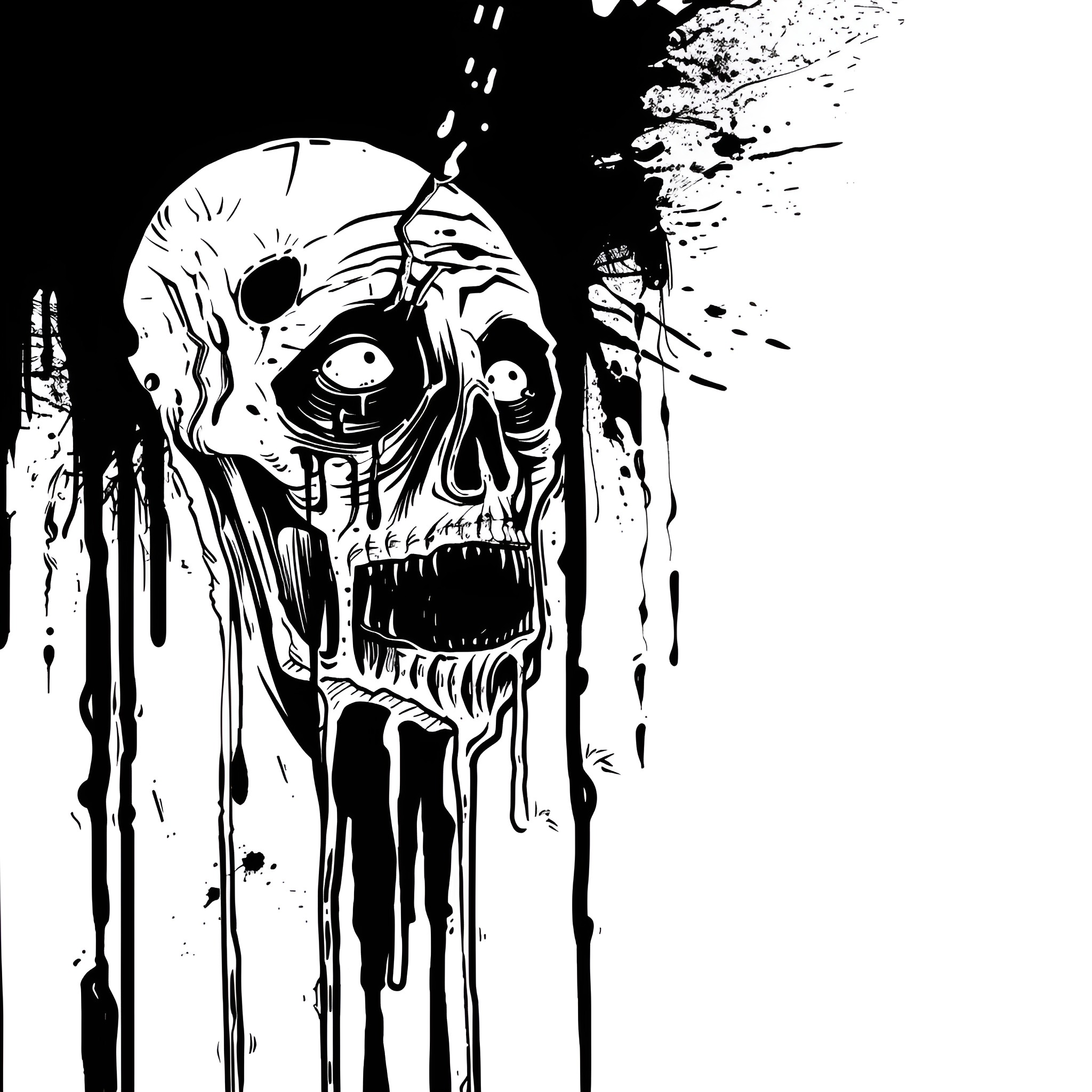 Horror Gore Grotesque Decaying Zombie Head Drawing Idea (free black-and-white line drawing printable PDF for all, from beginners to advanced learners, including children, teens, adults, and seniors)