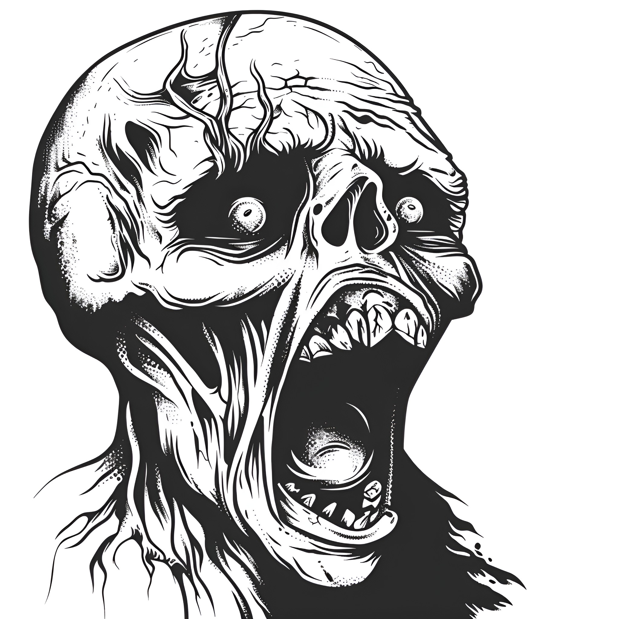Horror Gore Distorted Skull Face Drawing Idea (free black-and-white line drawing printable PDF for all, from beginners to advanced learners, including children, teens, adults, and seniors)