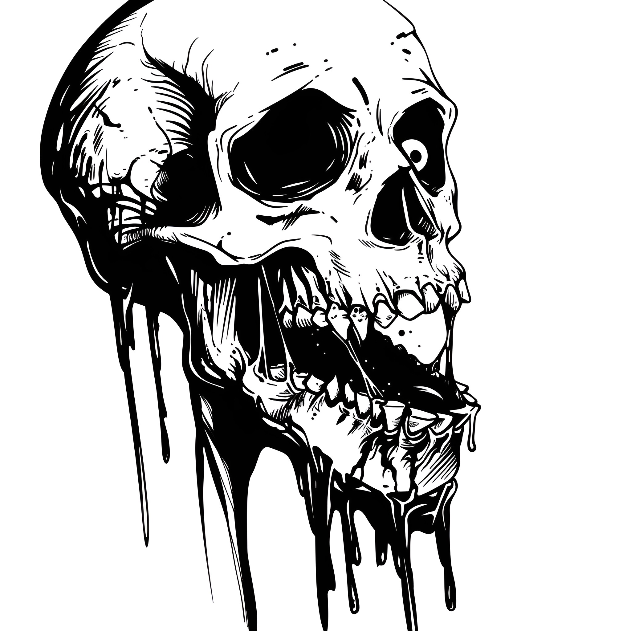 Horror Gore Gruesome Skull Grimace Drawing Idea (free black-and-white line drawing printable PDF for all, from beginners to advanced learners, including children, teens, adults, and seniors)