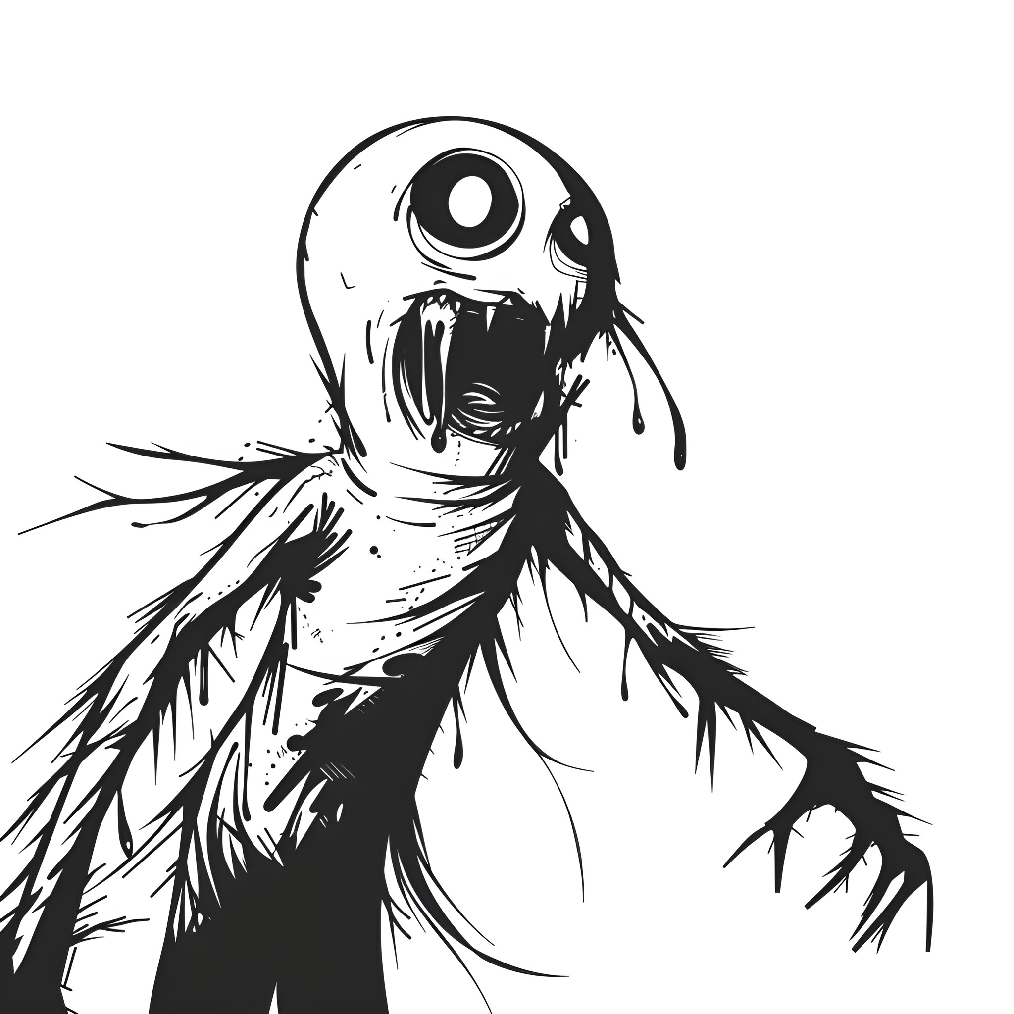 Horror Gore Mutant Creature Attack Drawing Idea (free black-and-white line drawing printable PDF for all, from beginners to advanced learners, including children, teens, adults, and seniors)