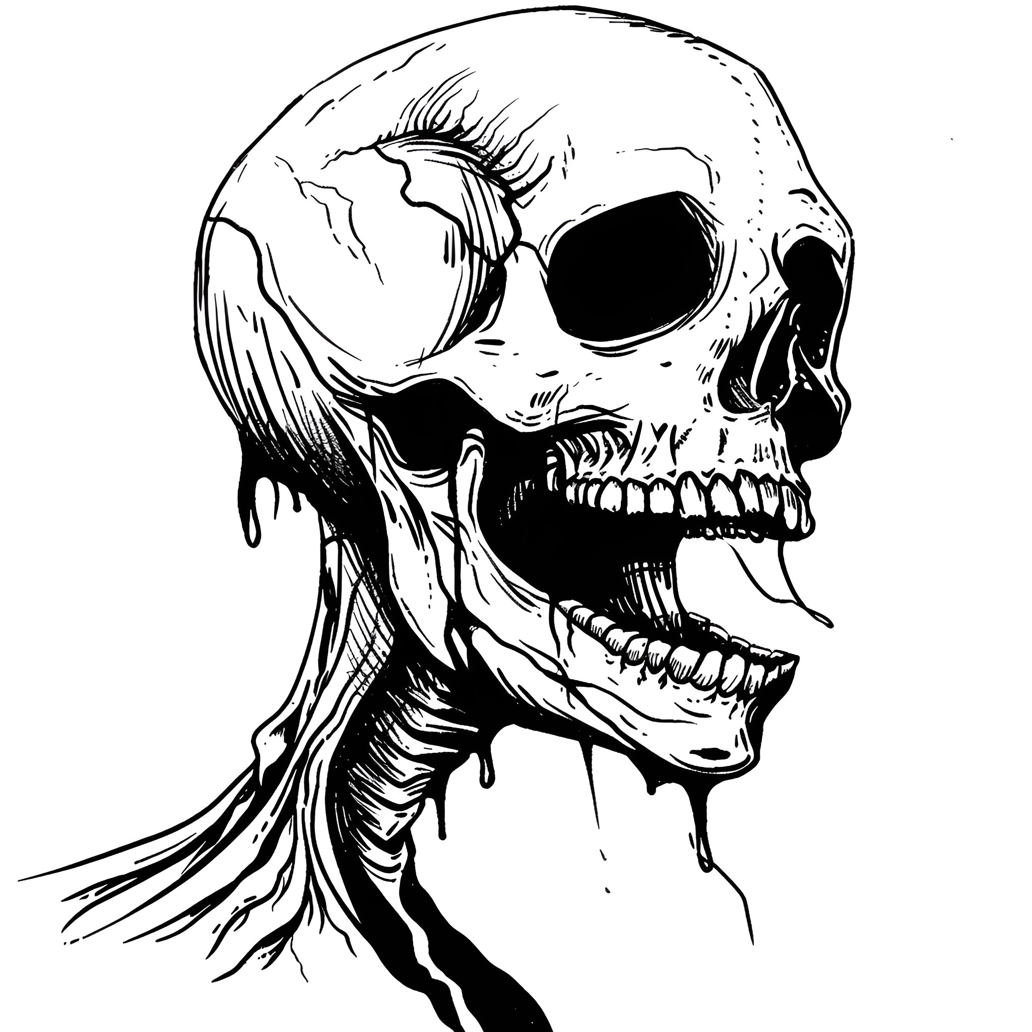 Horror Gore Grotesque Skull Screaming Drawing Idea (free black-and-white line drawing printable PDF for all, from beginners to advanced learners, including children, teens, adults, and seniors)