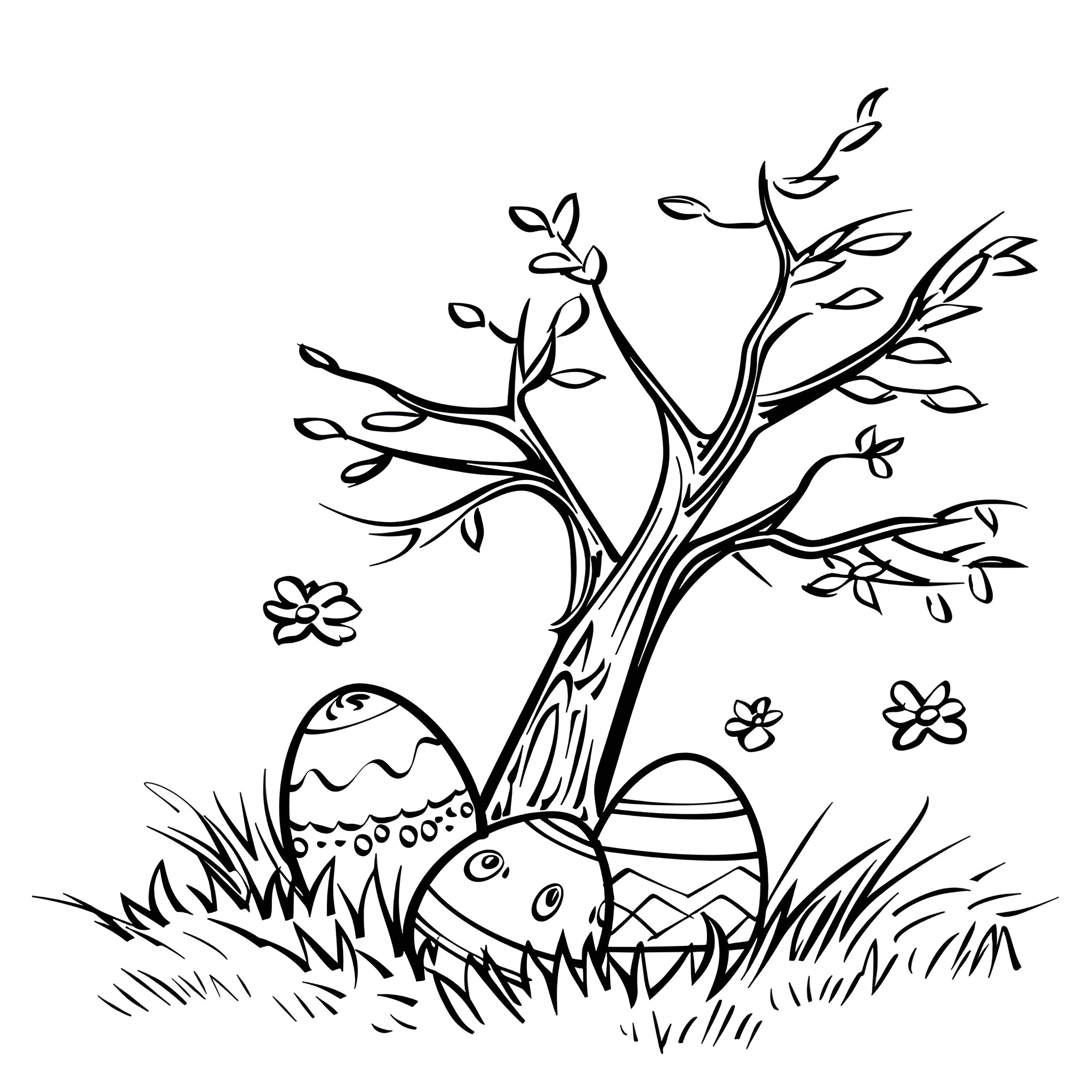 Easter Eggs hidden in spring scenery Drawing Idea (free black-and-white line drawing printable PDF for all, from beginners to advanced learners, including children, teens, adults, and seniors)