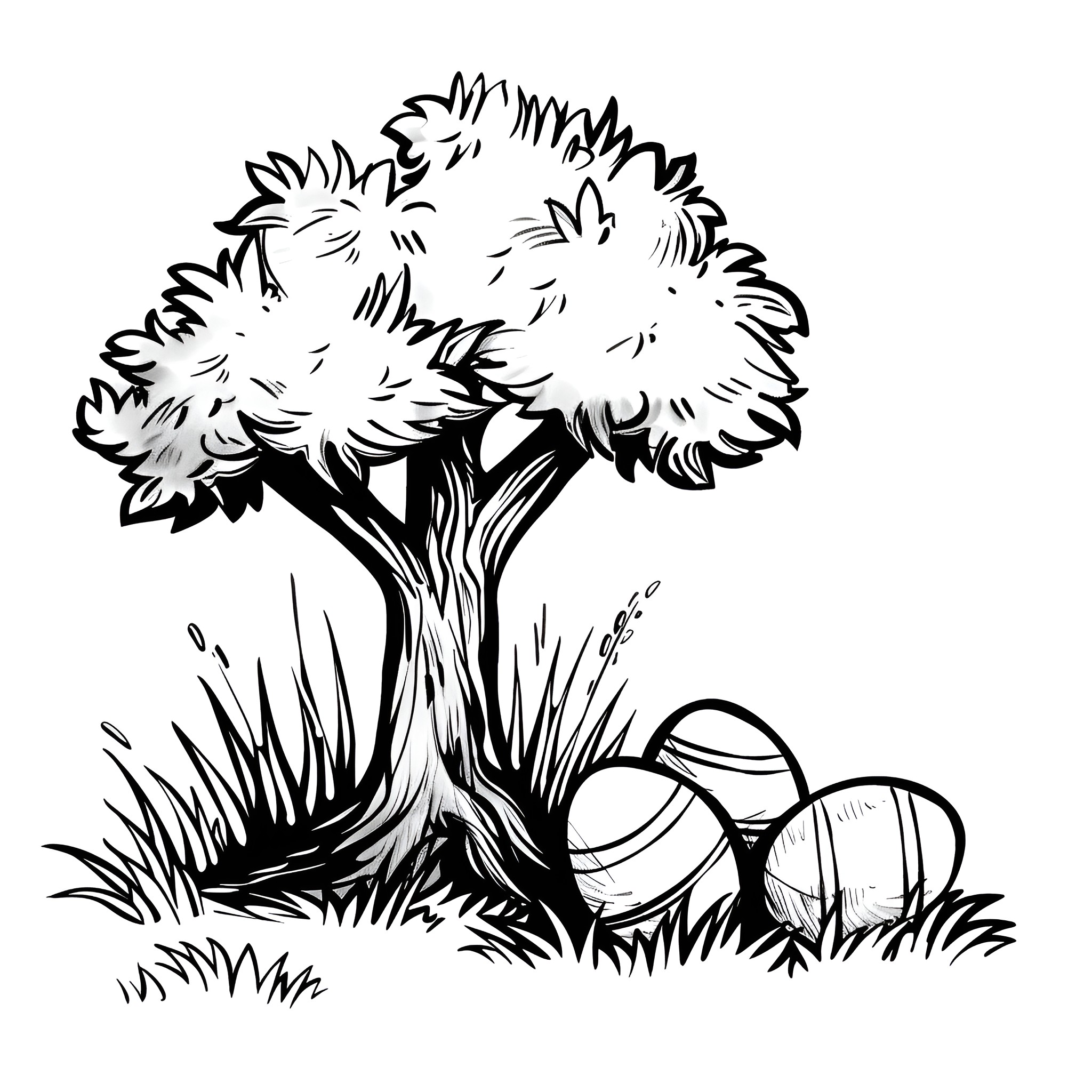 Easter Eggs Scattered Around the Tree Drawing Idea (free black-and-white line drawing printable PDF for all, from beginners to advanced learners, including children, teens, adults, and seniors)