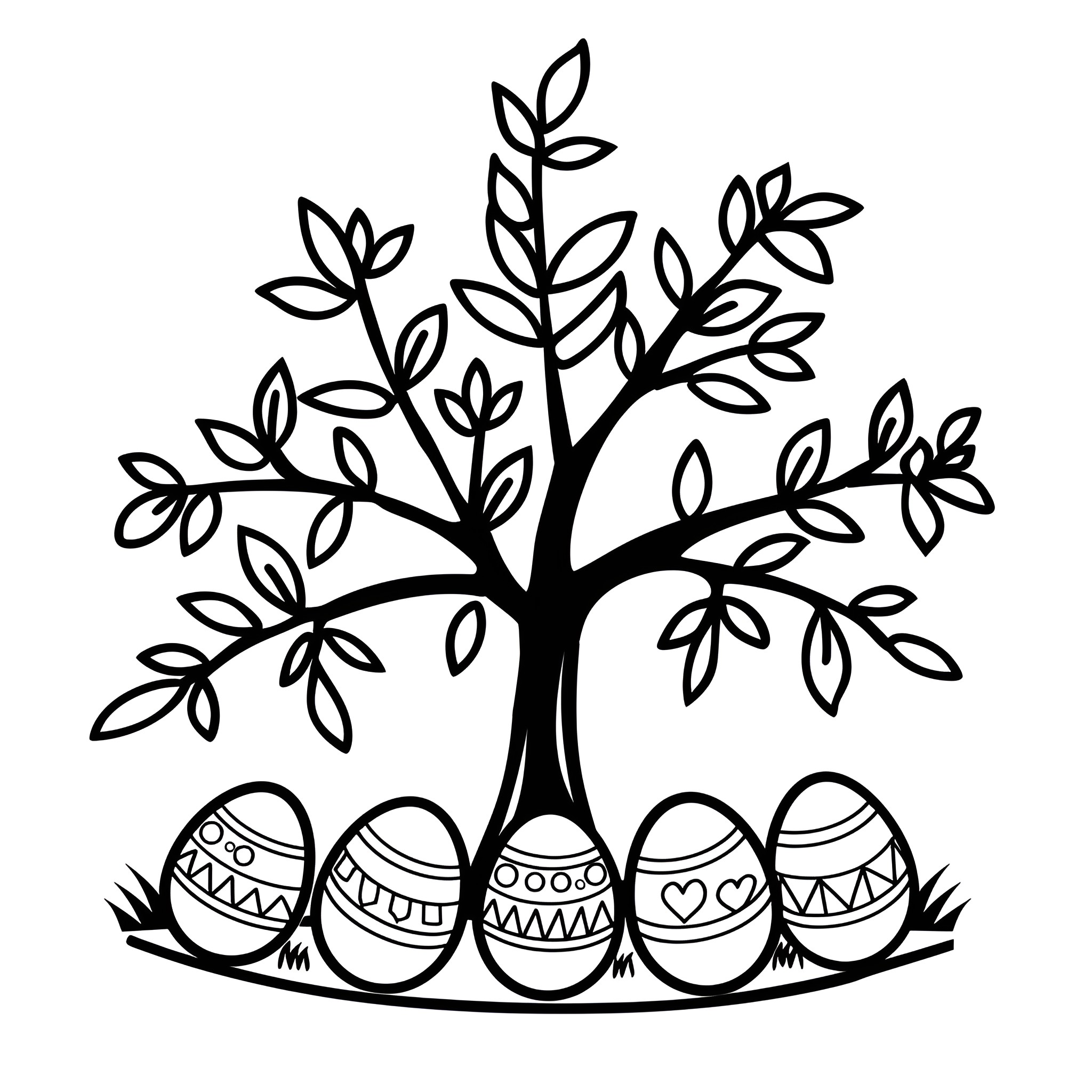 Easter Eggs with Tree and Decorations Drawing Idea (free black-and-white line drawing printable PDF for all, from beginners to advanced learners, including children, teens, adults, and seniors)