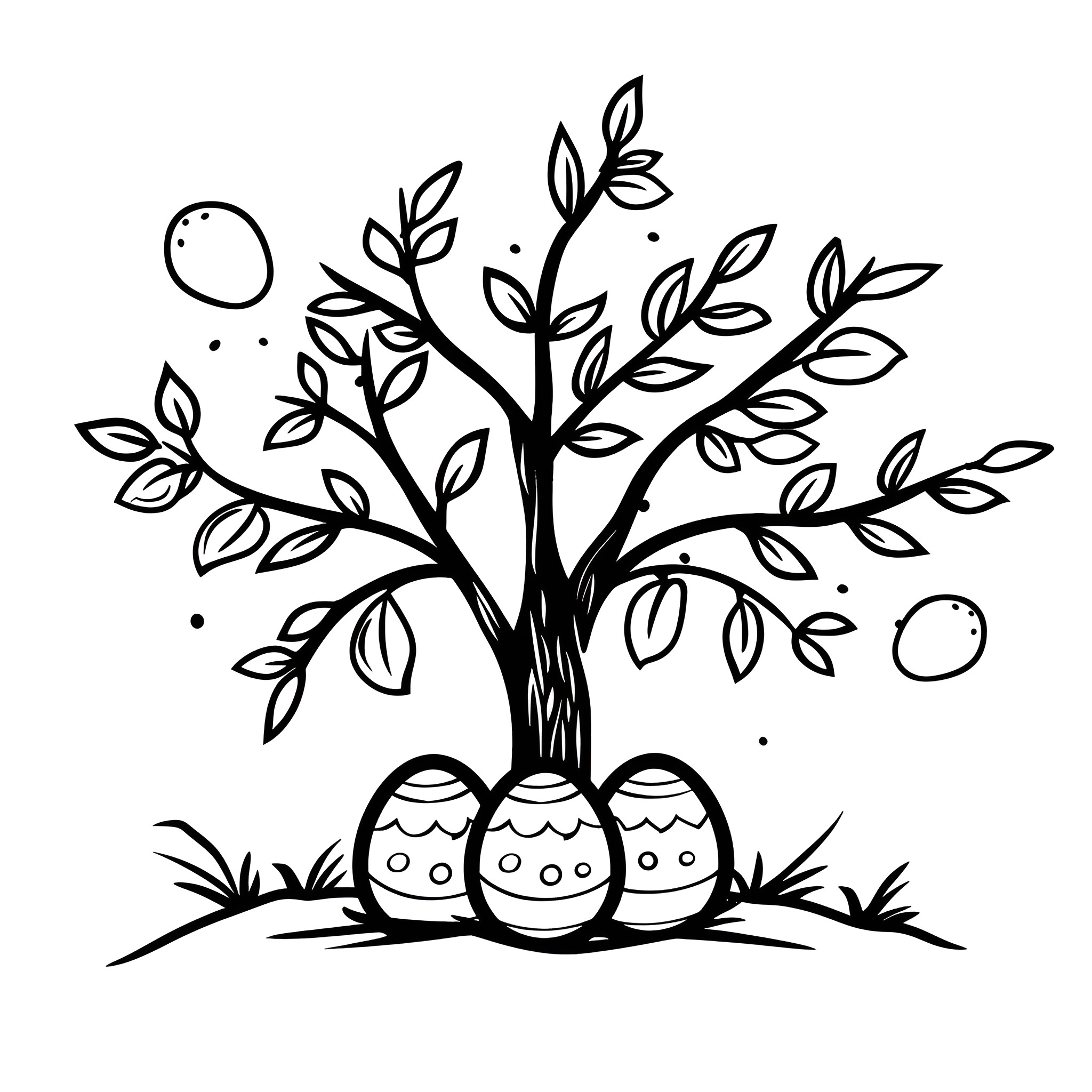 Easter Eggs under a blossoming tree Drawing Idea (free black-and-white line drawing printable PDF for all, from beginners to advanced learners, including children, teens, adults, and seniors)