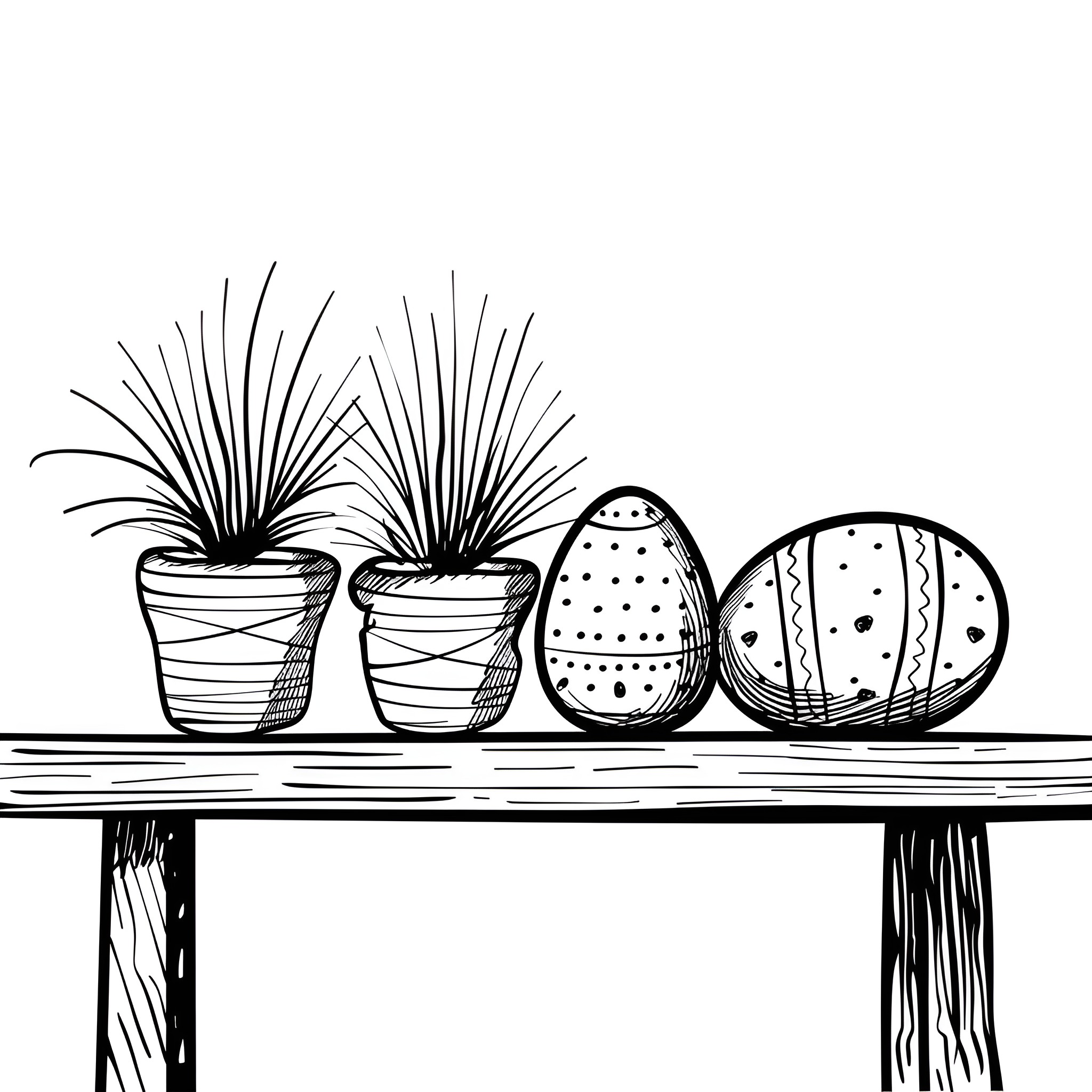 Easter Eggs and Potted Plants on Wooden Shelf Drawing Idea (free black-and-white line drawing printable PDF for all, from beginners to advanced learners, including children, teens, adults, and seniors)