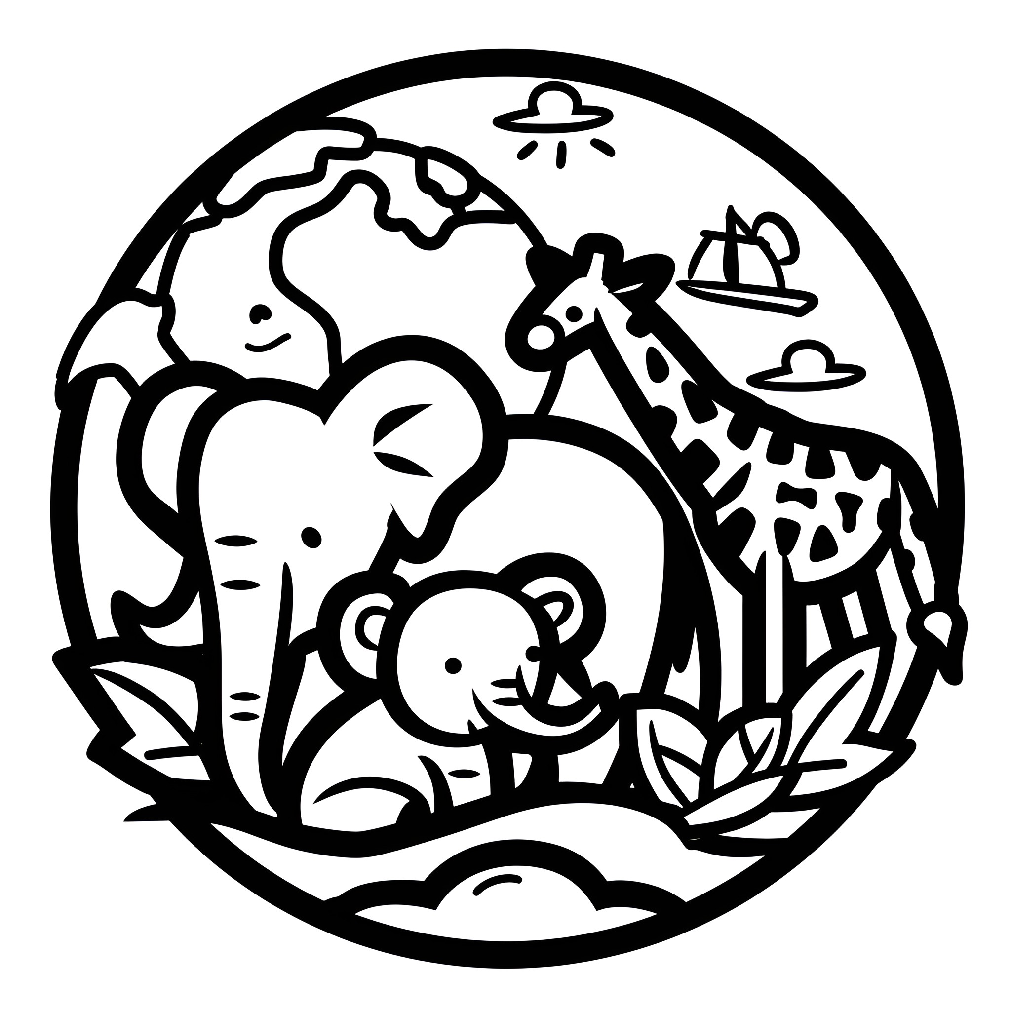 Earth Day Animals in Nature Drawing Idea (free black-and-white line drawing printable PDF for all, from beginners to advanced learners, including children, teens, adults, and seniors)