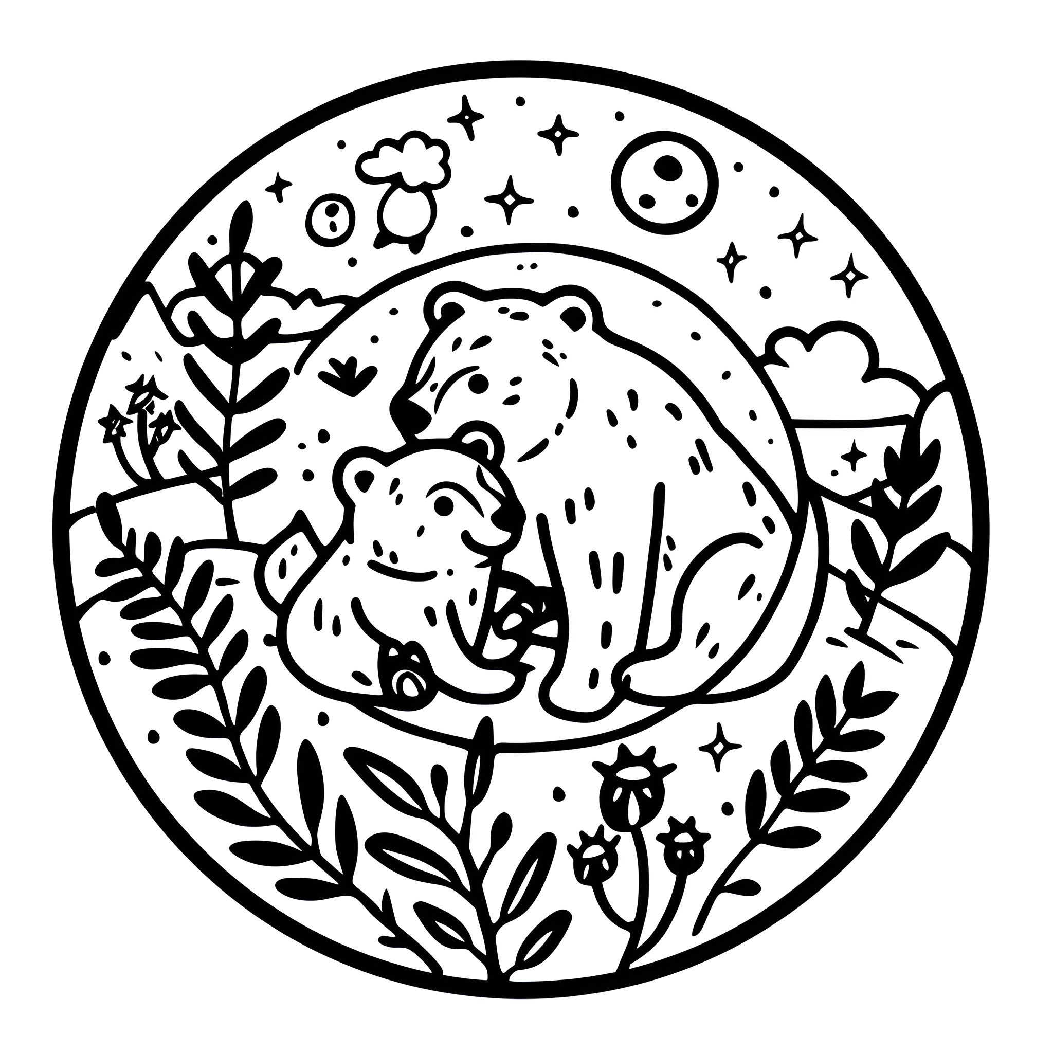 Earth Day bears in nature Drawing Idea (free black-and-white line drawing printable PDF for all, from beginners to advanced learners, including children, teens, adults, and seniors)