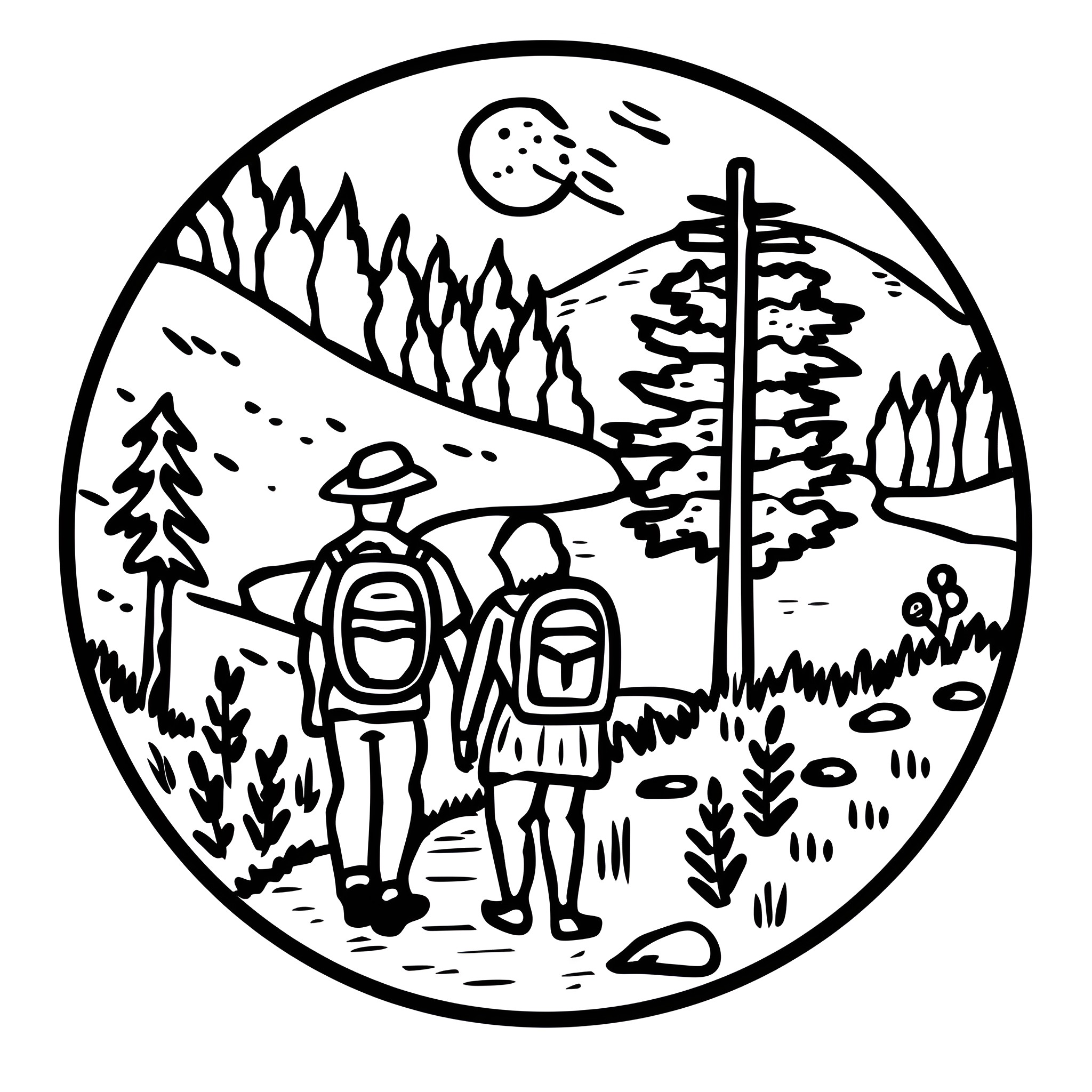 Earth Day Hikers Exploring Nature Drawing Idea (free black-and-white line drawing printable PDF for all, from beginners to advanced learners, including children, teens, adults, and seniors)