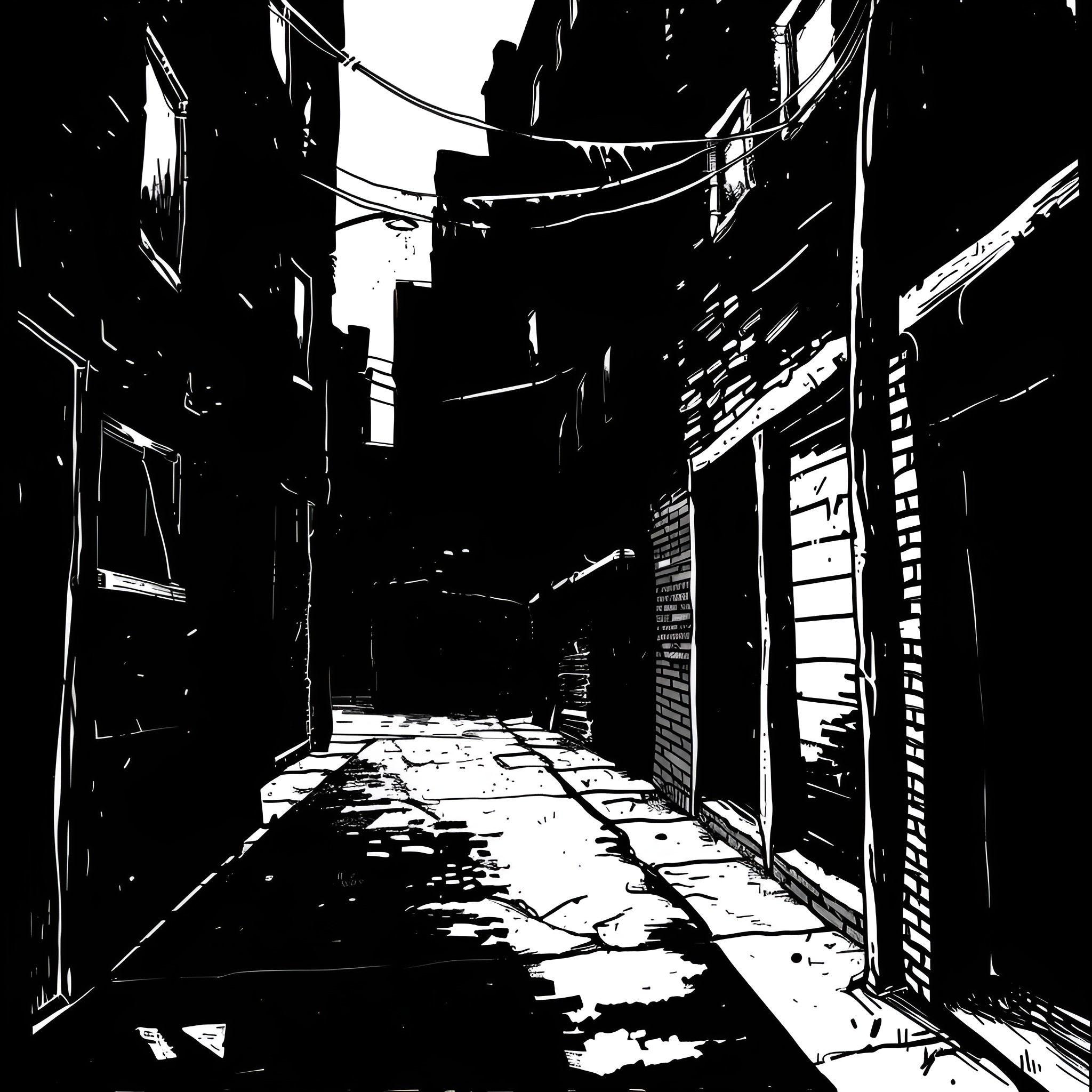 Horror Gore Dark Alley Nightmare Drawing Idea (free black-and-white line drawing printable PDF for all, from beginners to advanced learners, including children, teens, adults, and seniors)