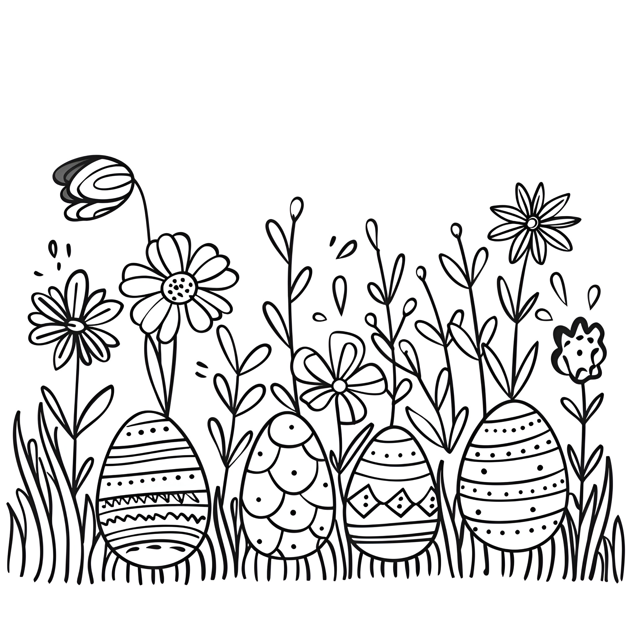 Easter Eggs hidden in floral garden Drawing Idea (free black-and-white line drawing printable PDF for all, from beginners to advanced learners, including children, teens, adults, and seniors)